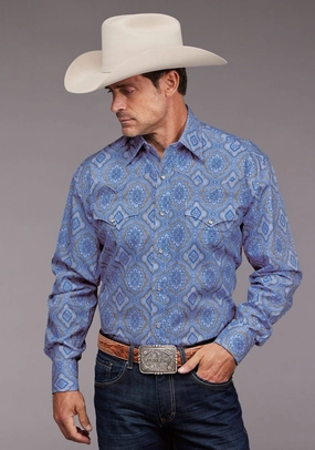 Stetson Mens Chambray Medallion Paisley Blue 100% Cotton L/S Shirt Gym Wear Vibrant Hue