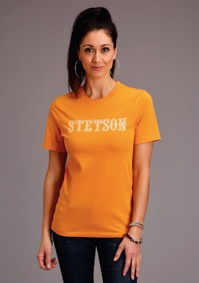 Stetson Womens Gold Yellow 100% Cotton Lettering S/S T-Shirt Essential Wardrobe