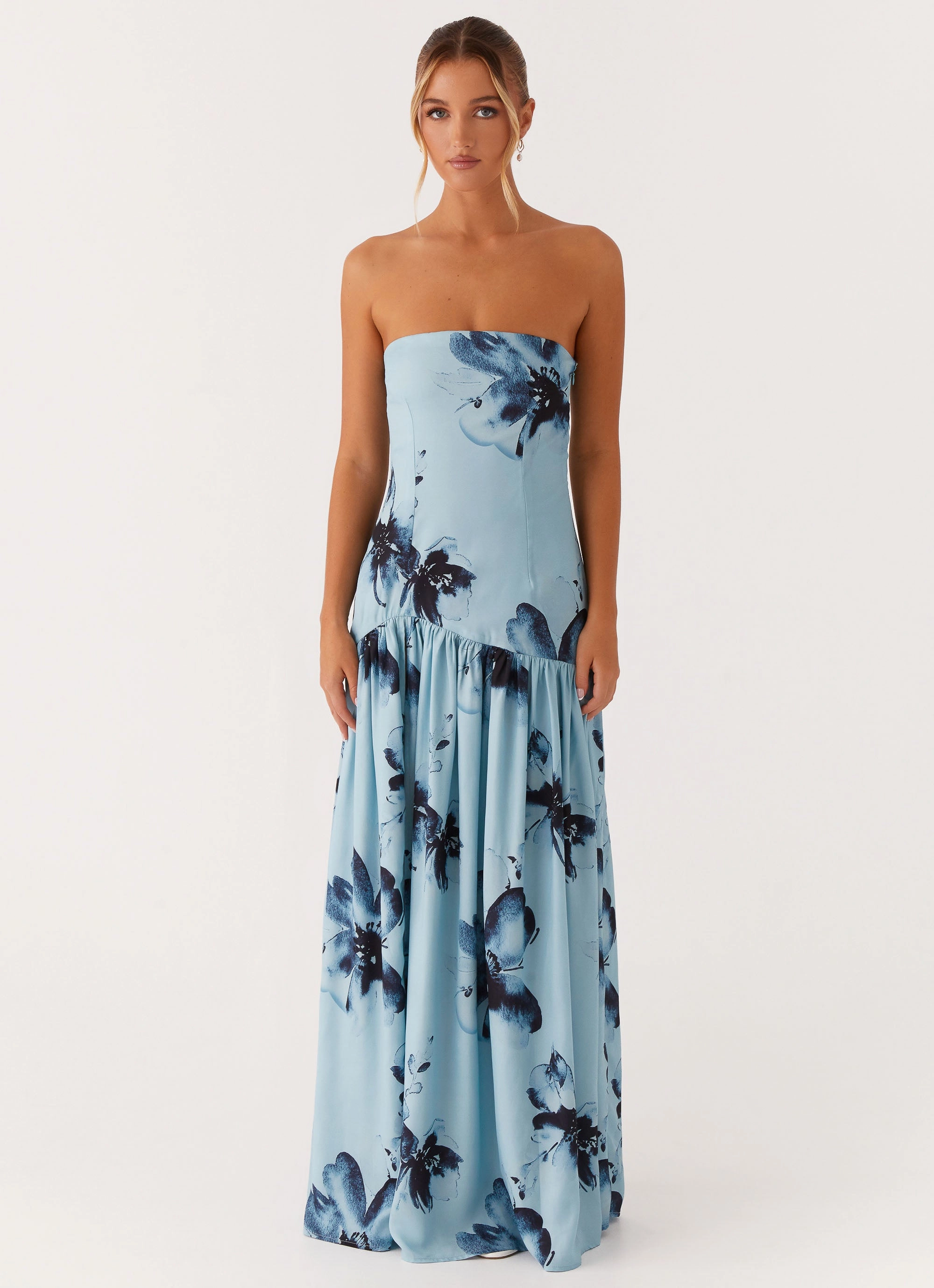 Matte Fabric Stylish Raincoat Eden Strapless Maxi Dress - Blue Black Floral