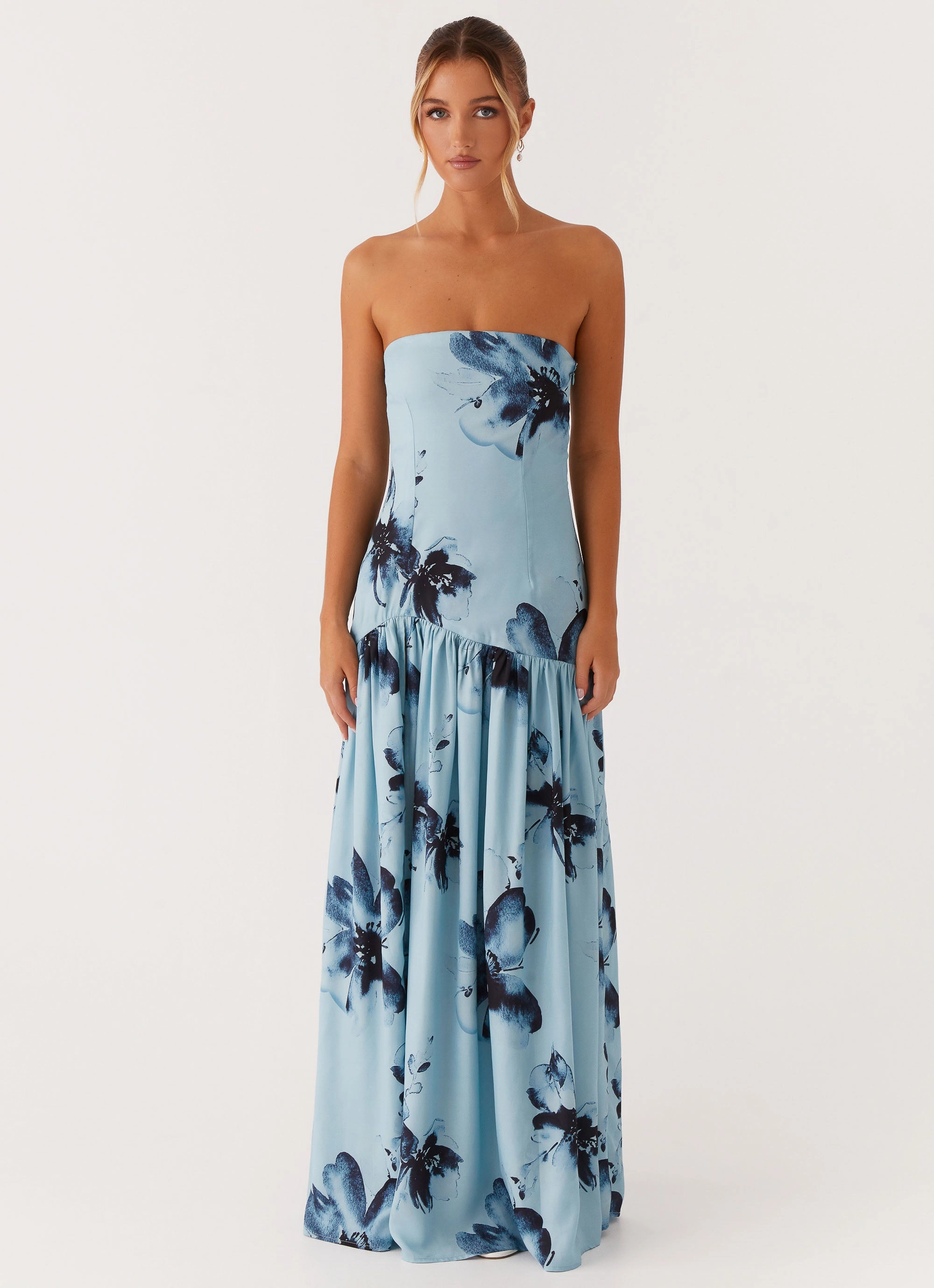 Eden Strapless Maxi Dress - Blue Black Floral Modern Puffer