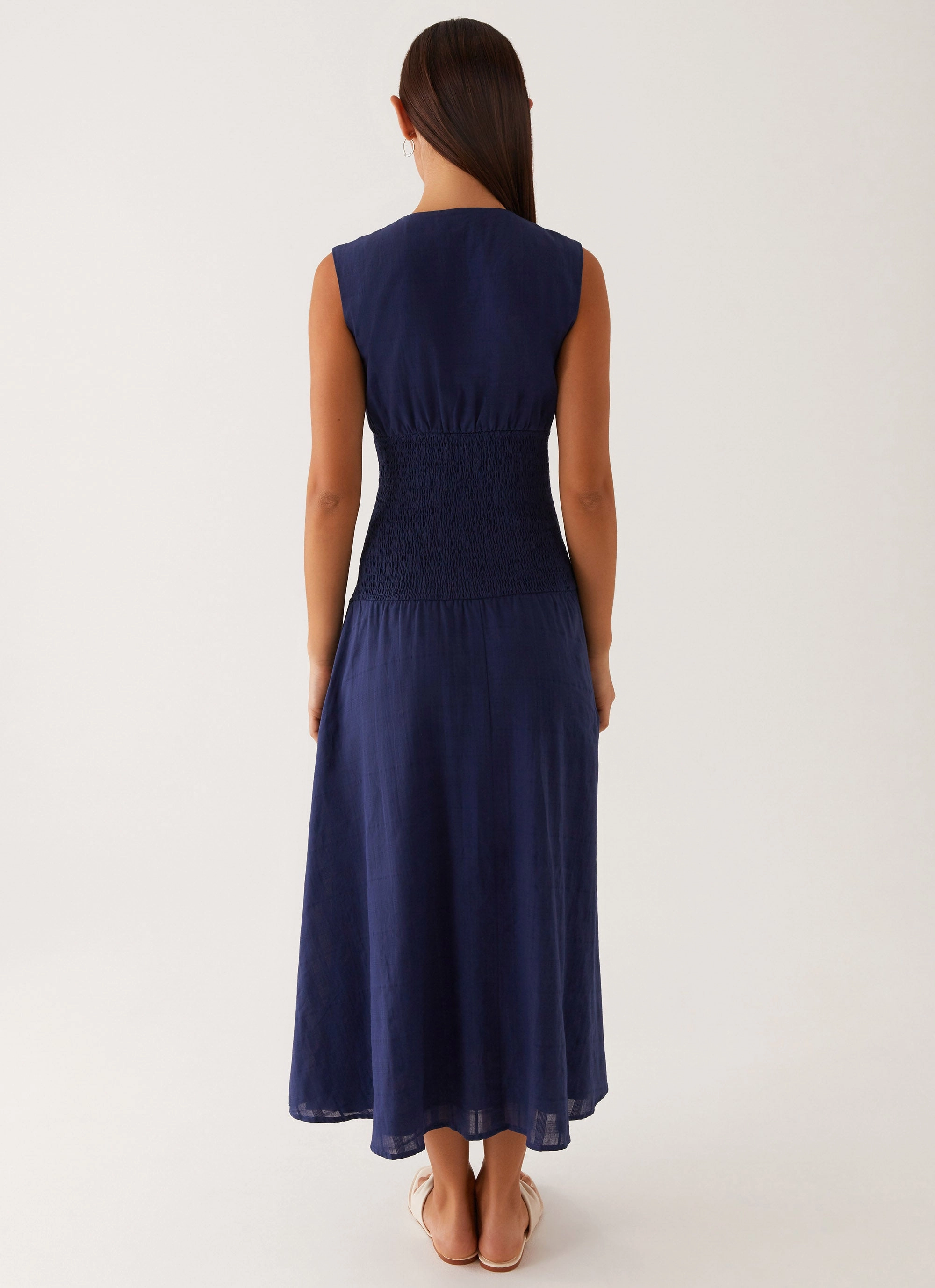 Organic-Fabric Slender Look Belle Shirred Waist Midi Dress - Navy