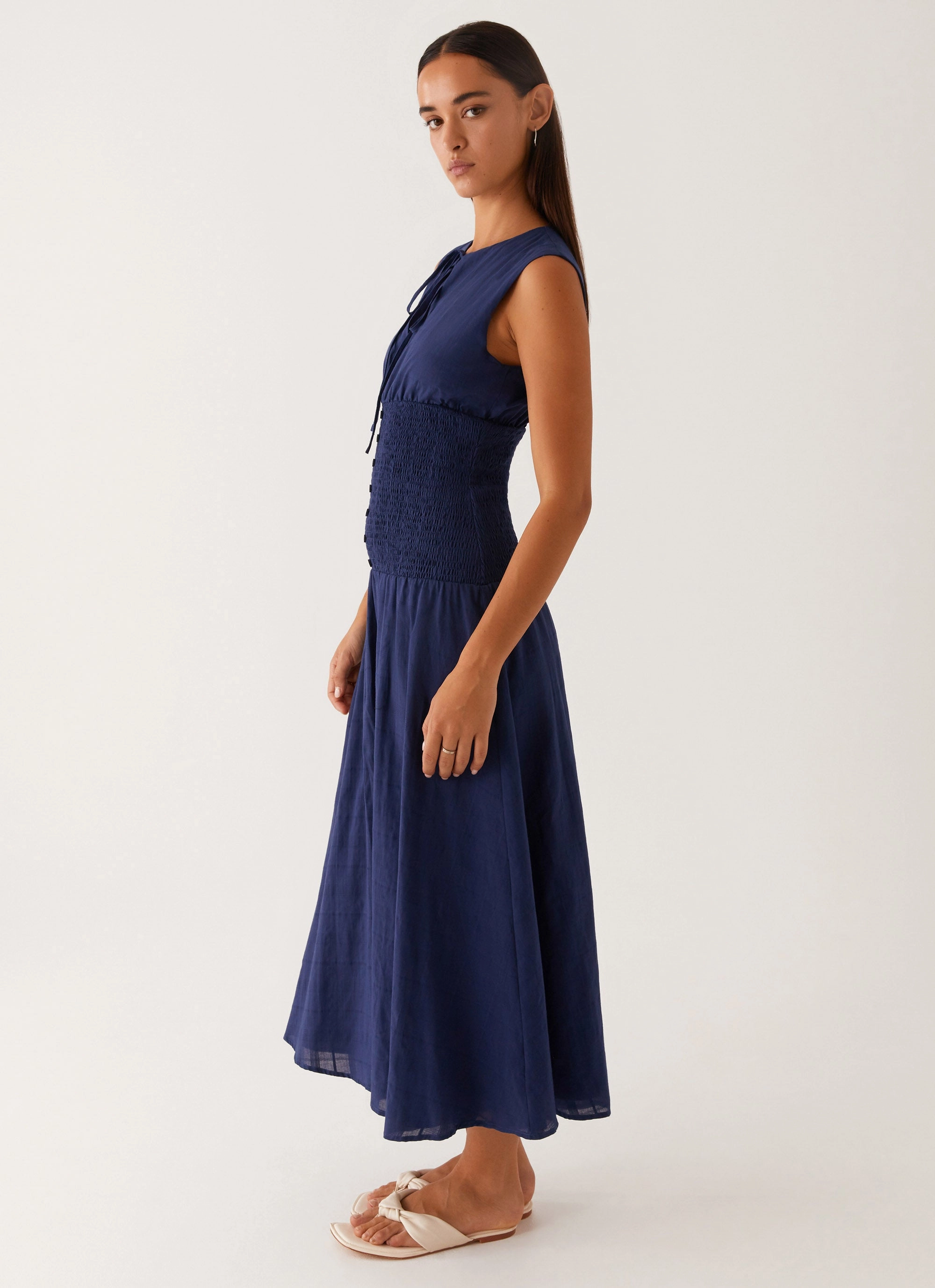 Elegance Glow Belle Shirred Waist Midi Dress - Navy