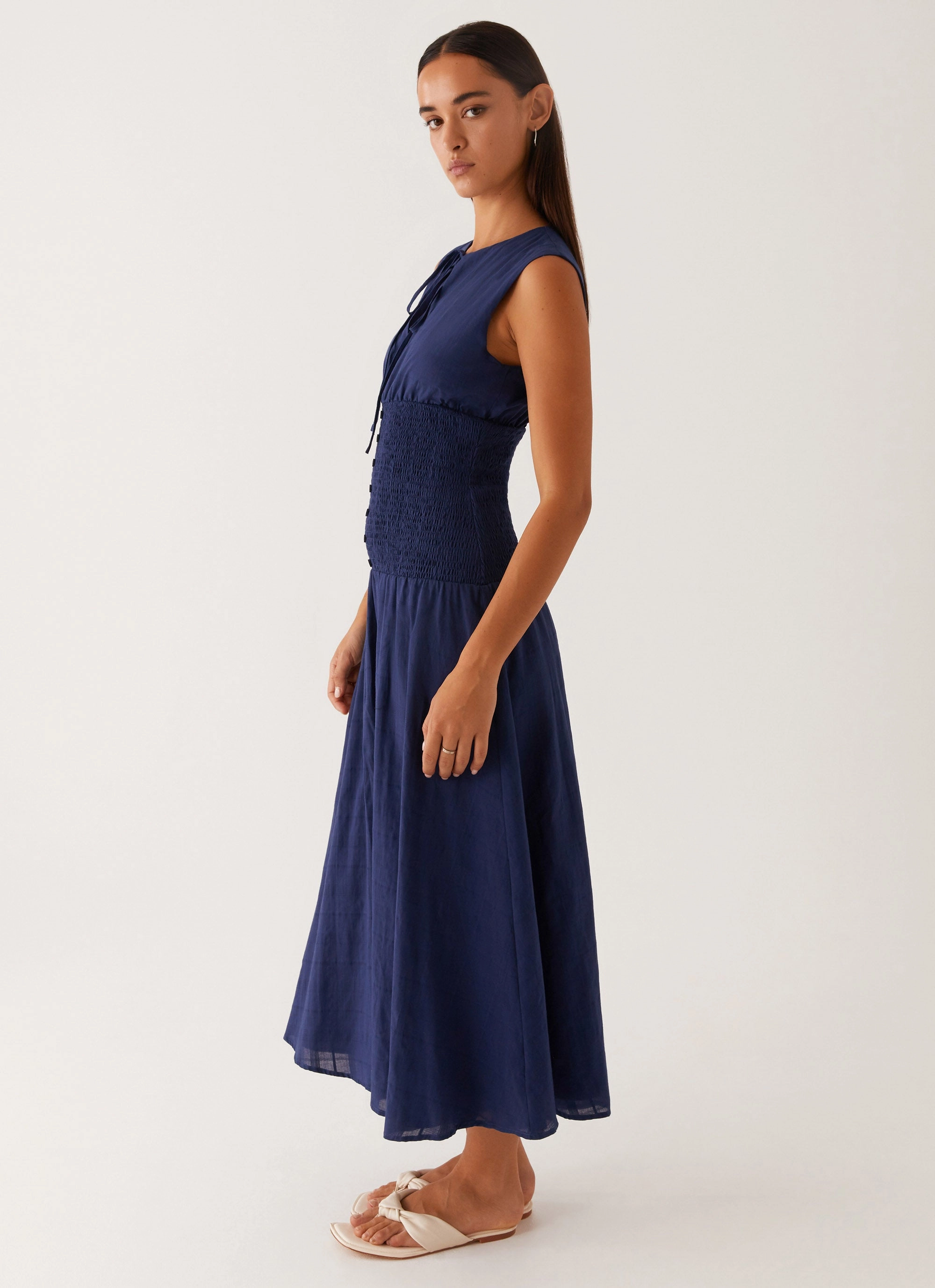 Happy Scent Mood Glow Belle Shirred Waist Midi Dress - Navy