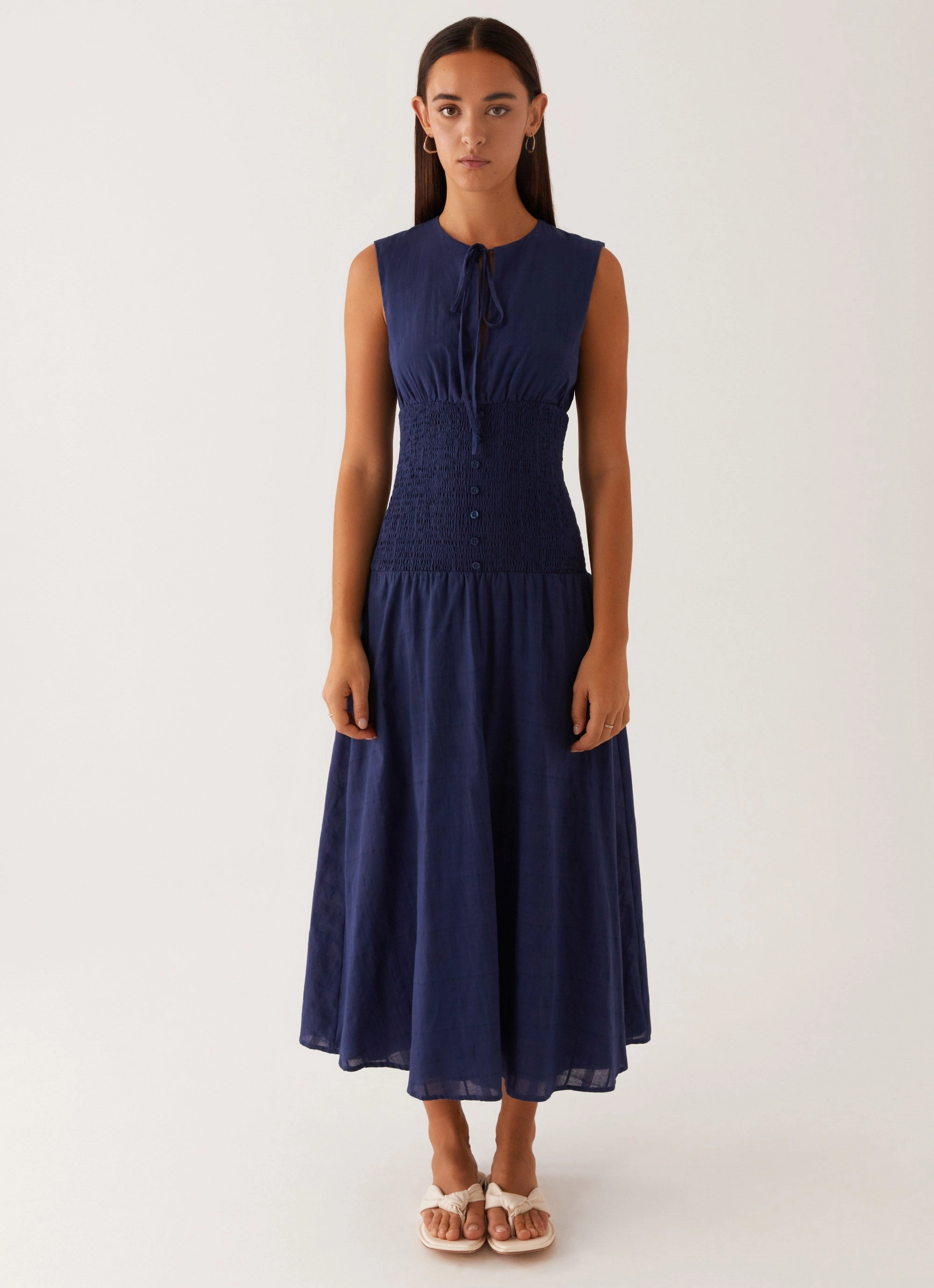 Belle Shirred Waist Midi Dress - Navy Slim Touch Satin Finish