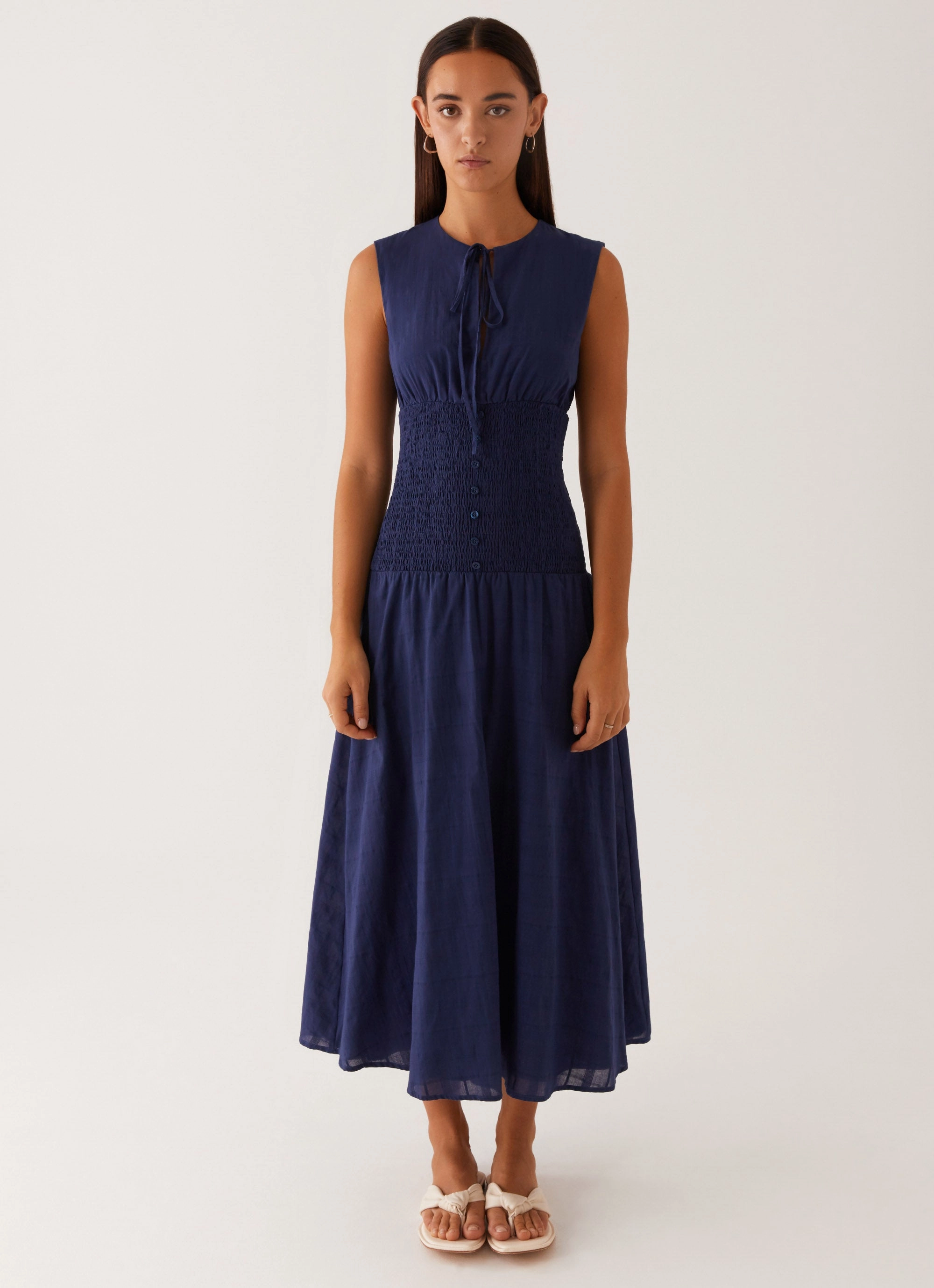 Belle Shirred Waist Midi Dress - Navy Chic and Simple