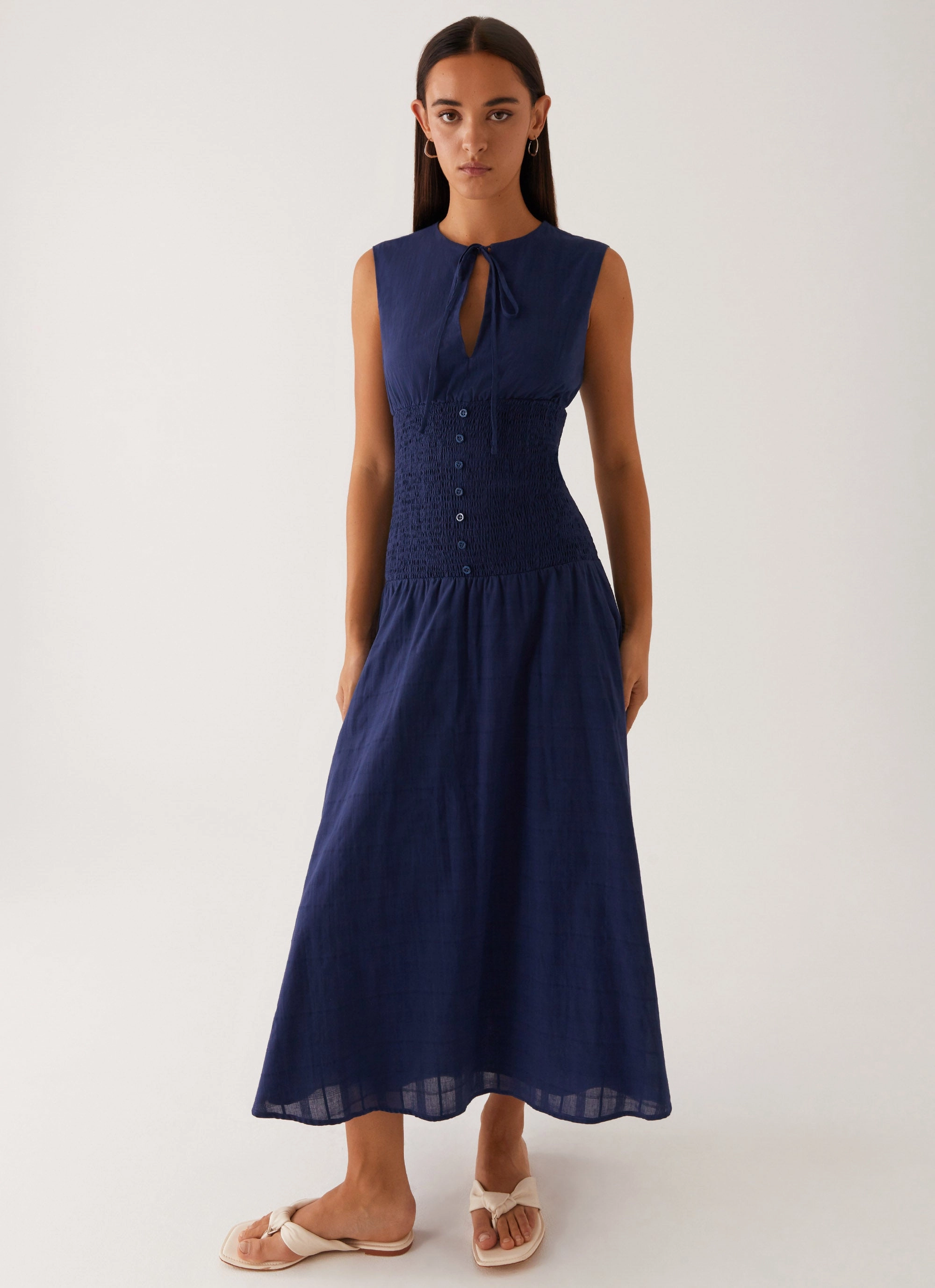 Belle Shirred Waist Midi Dress - Navy Breeze Grace
