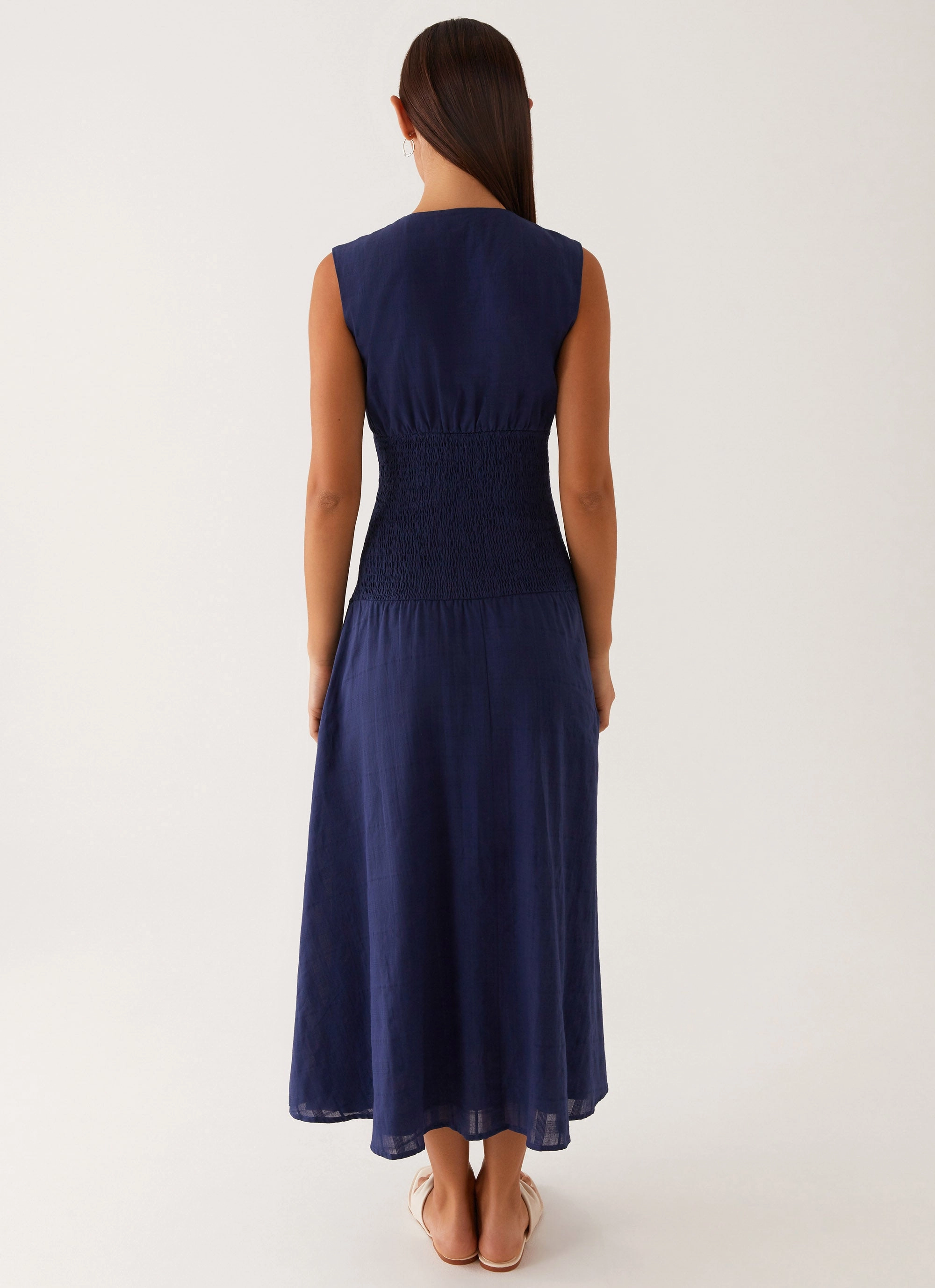 Seasonal Style Warm Base Belle Shirred Waist Midi Dress - Navy