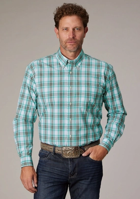 Roper Mens Cold Springs Plaid Green 100% Cotton 1 Pkt L/S Shirt Breathable mesh