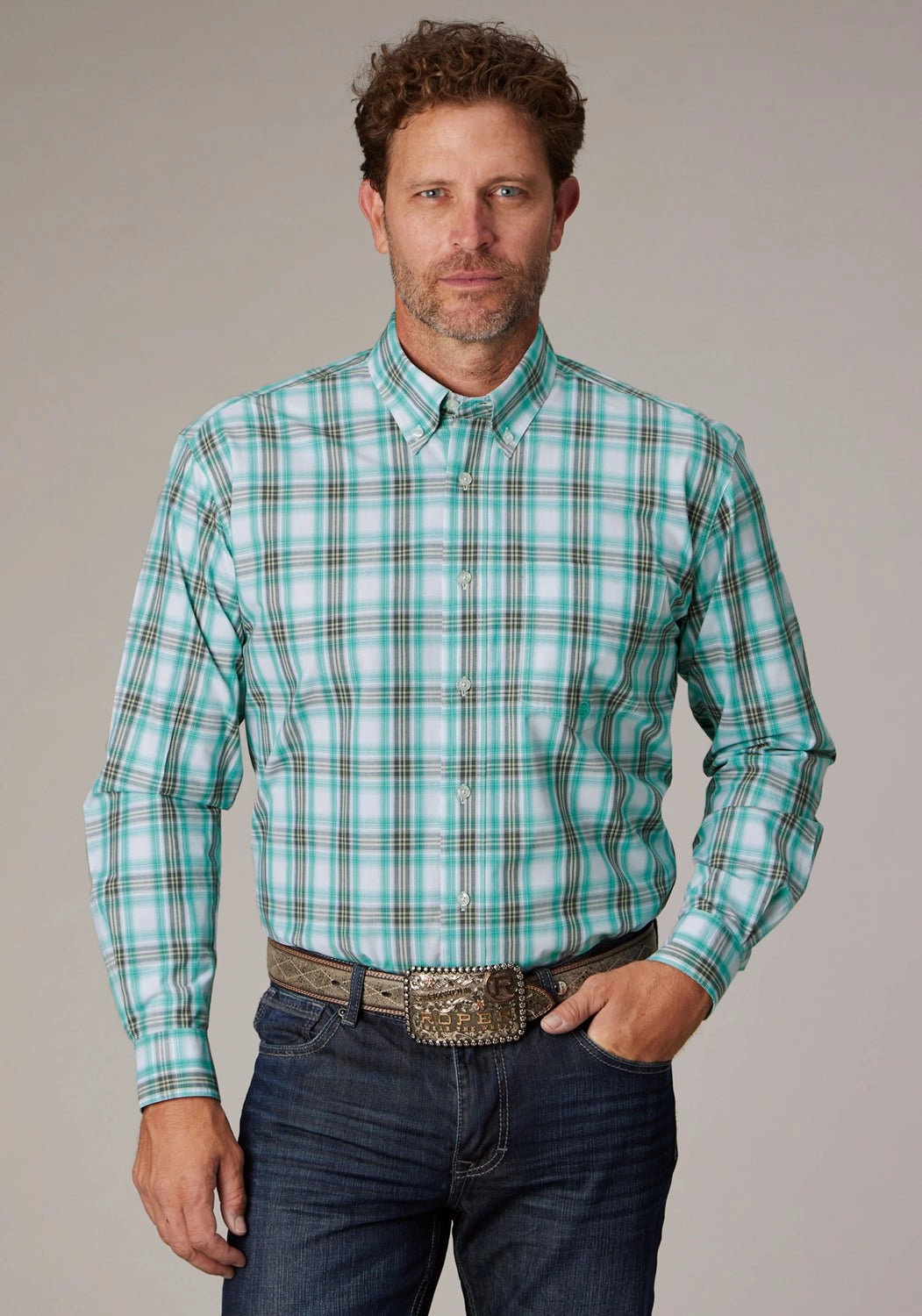 Roper Mens Cold Springs Plaid Green 100% Cotton 1 Pkt L/S Shirt Lightweight Construction