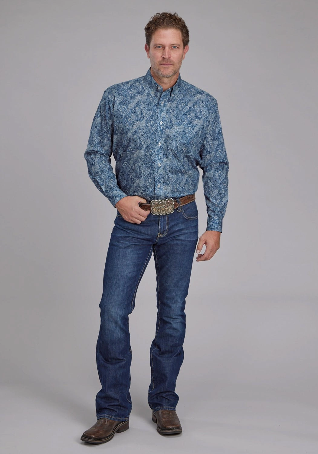 Unisex Design Roper Mens River Paisley Blue 100% Cotton 1 Pkt L/S Shirt