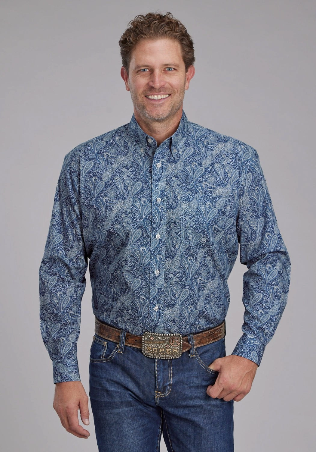 Roper Mens River Paisley Blue 100% Cotton 1 Pkt L/S Shirt Runway Inspired