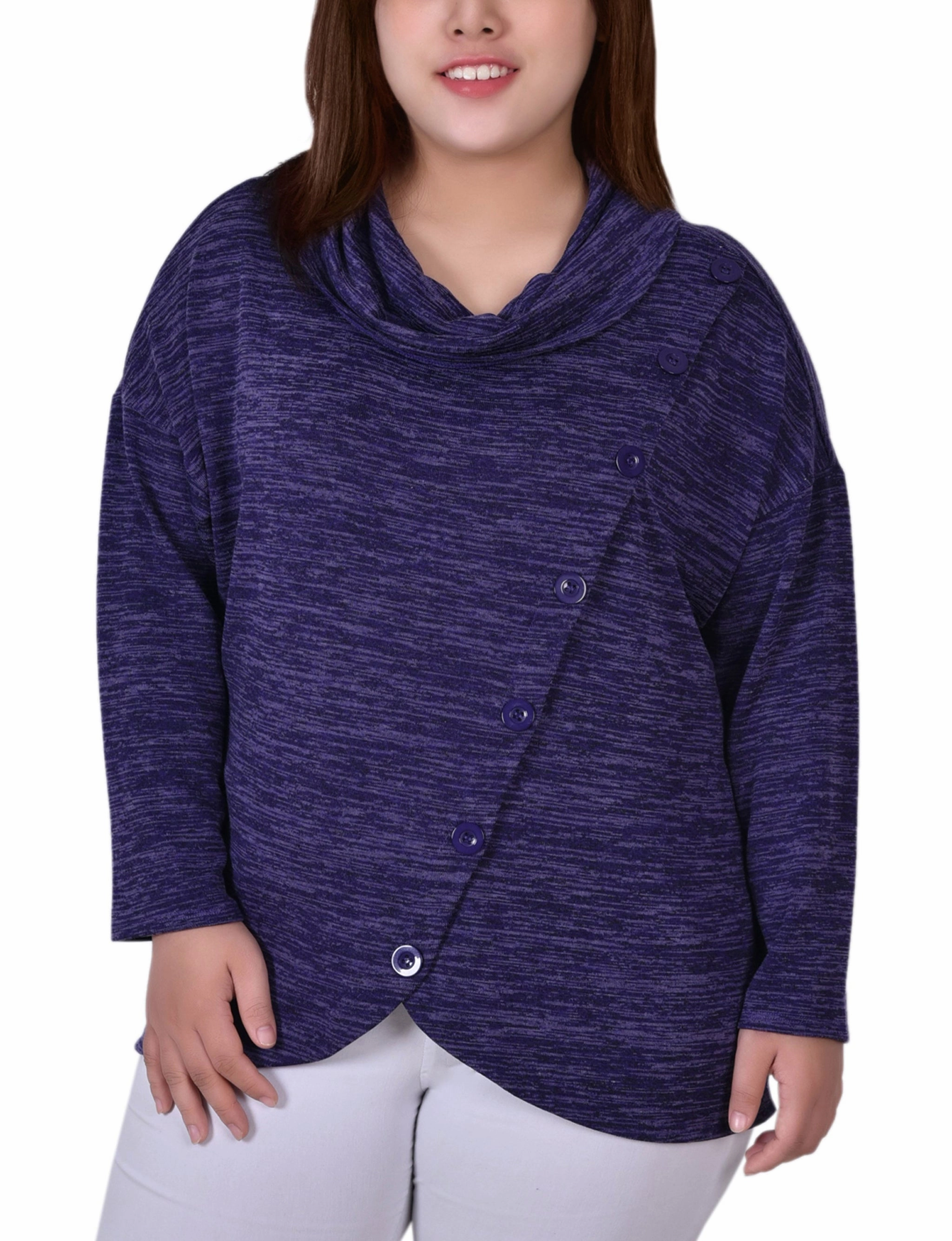 Plus Size Long Sleeve Cowl Neck Top With Button Detail VentilatedMesh Four Way Stretch Material