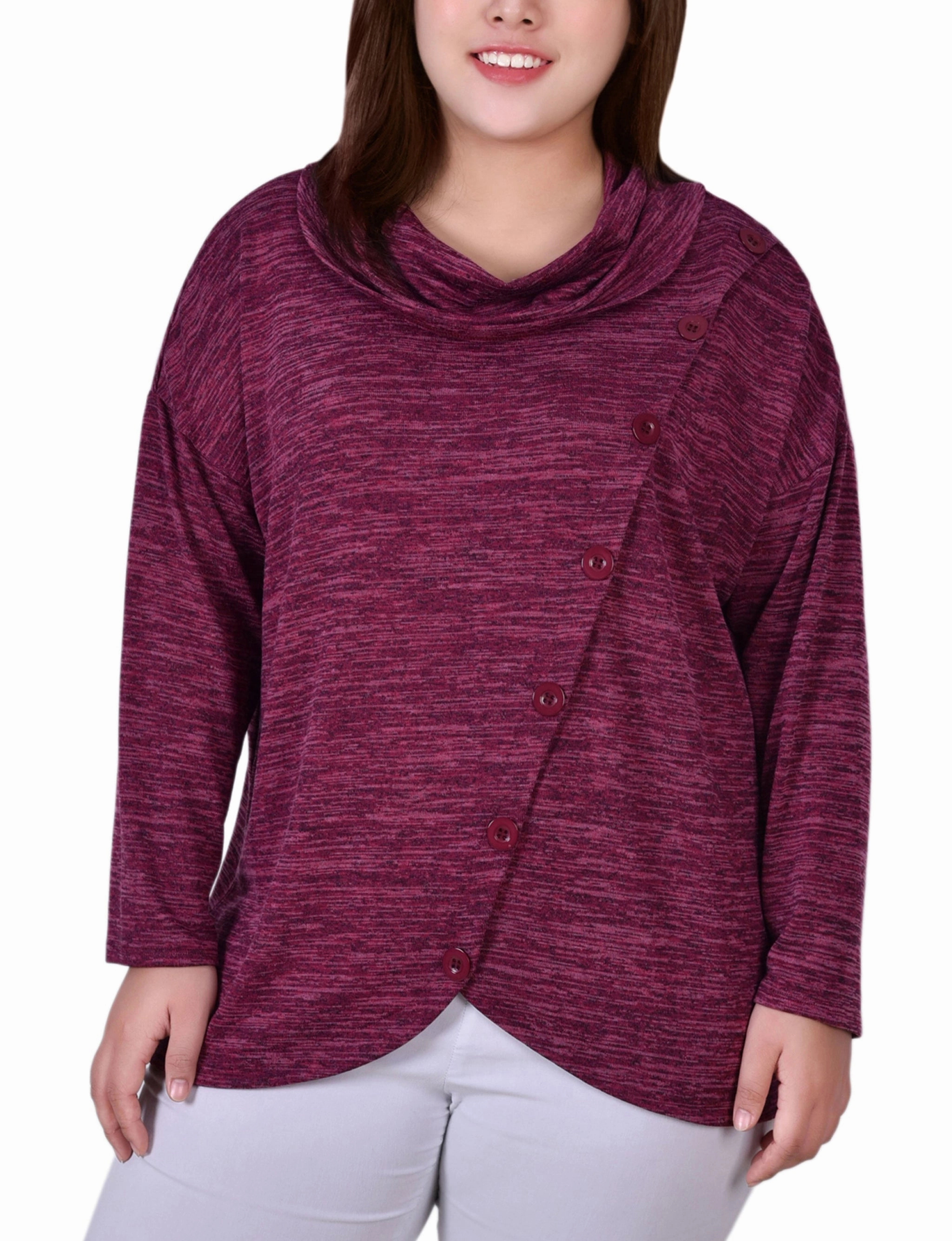 TaglessComfort Plus Size Long Sleeve Cowl Neck Top With Button Detail