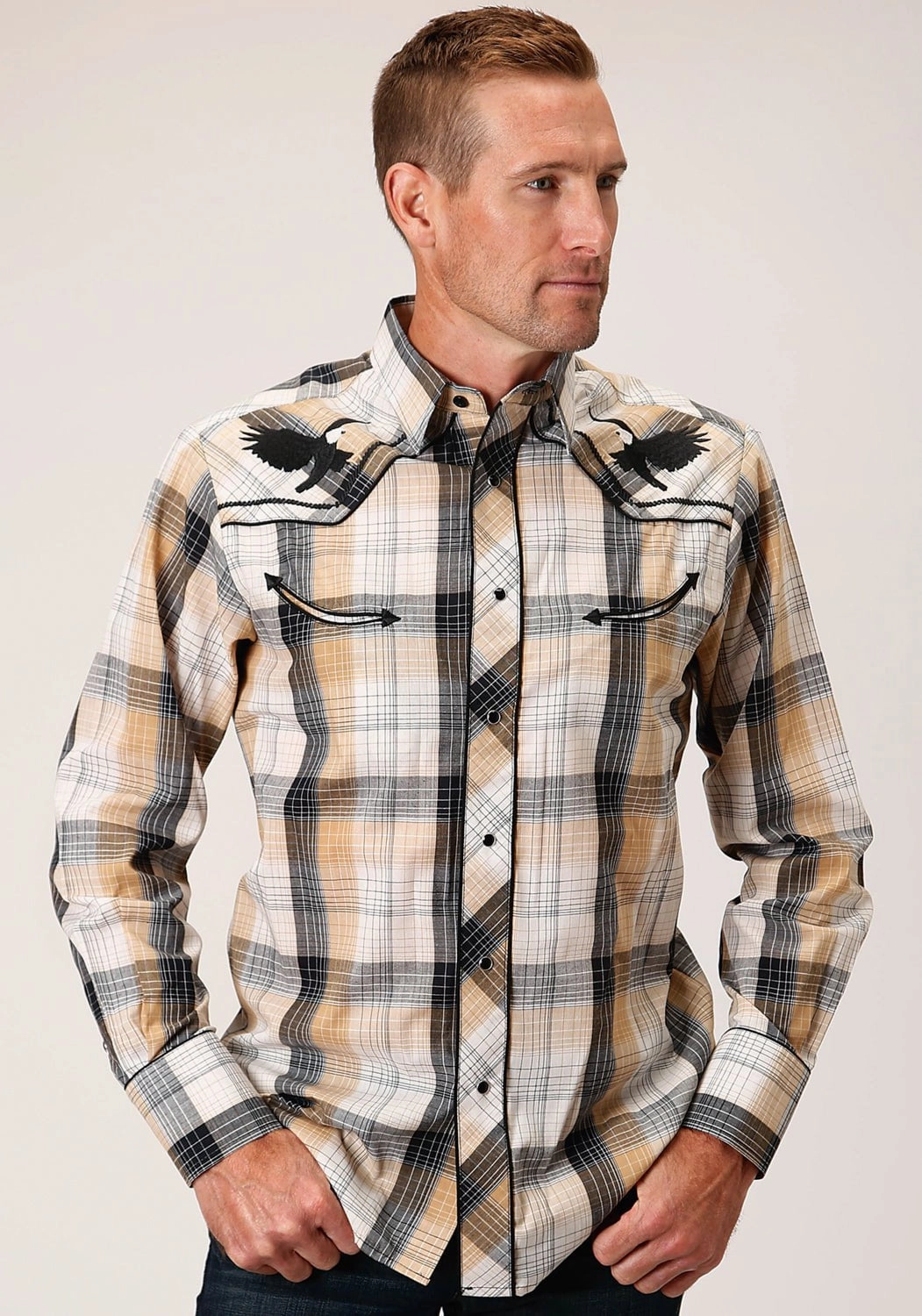 Roper Mens Eagle Plaid Black/Khaki Cotton Blend L/S Shirt Sleek Silhouette Subtle Print