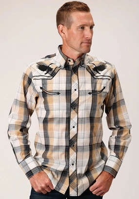 Roper Mens Eagle Plaid Black/Khaki Cotton Blend L/S Shirt Vibrant Colors Custom Fit