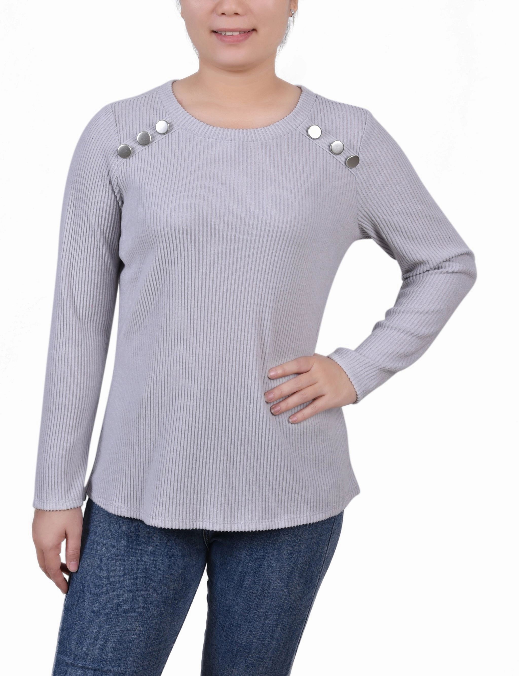 Raw Edge Detail Odor Resistant Material Petite Long Sleeve Ribbed Button Detail Top