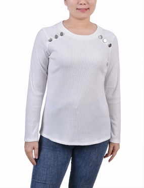 Petite Long Sleeve Ribbed Button Detail Top Anti Odor Finish AbrasionResistant Surface