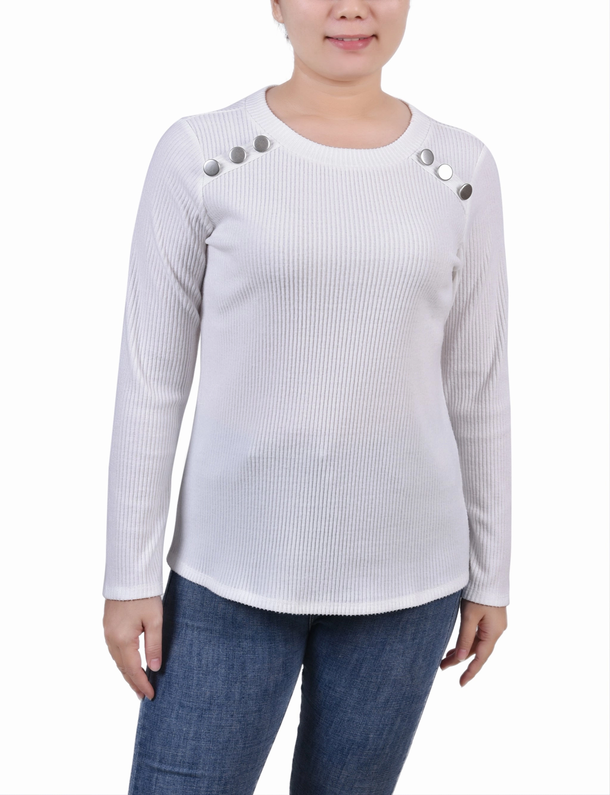 NonIrritating Petite Long Sleeve Ribbed Button Detail Top
