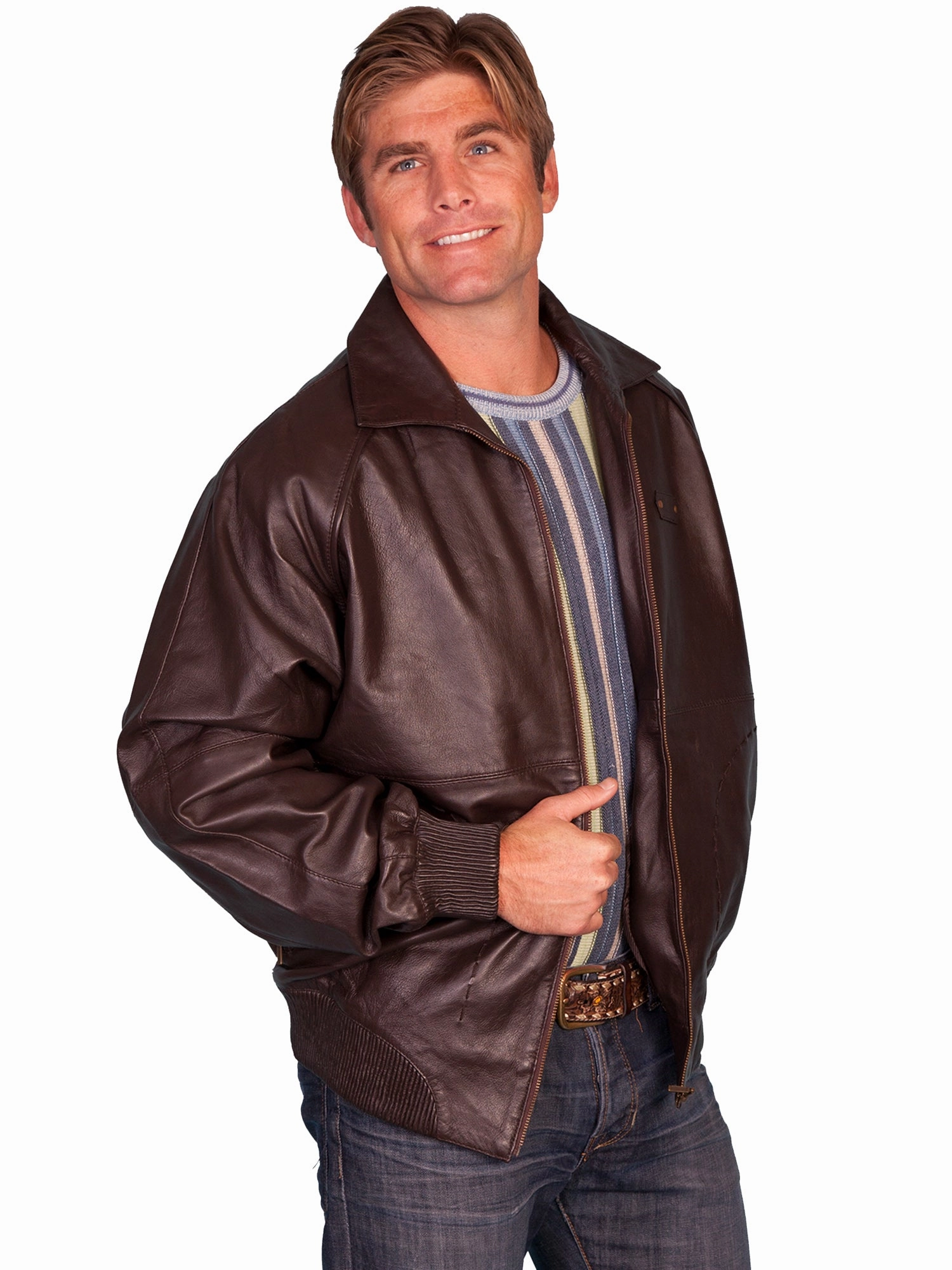 Scully Mens Brown Lamb Leather Zip Jacket Weatherproof Shell