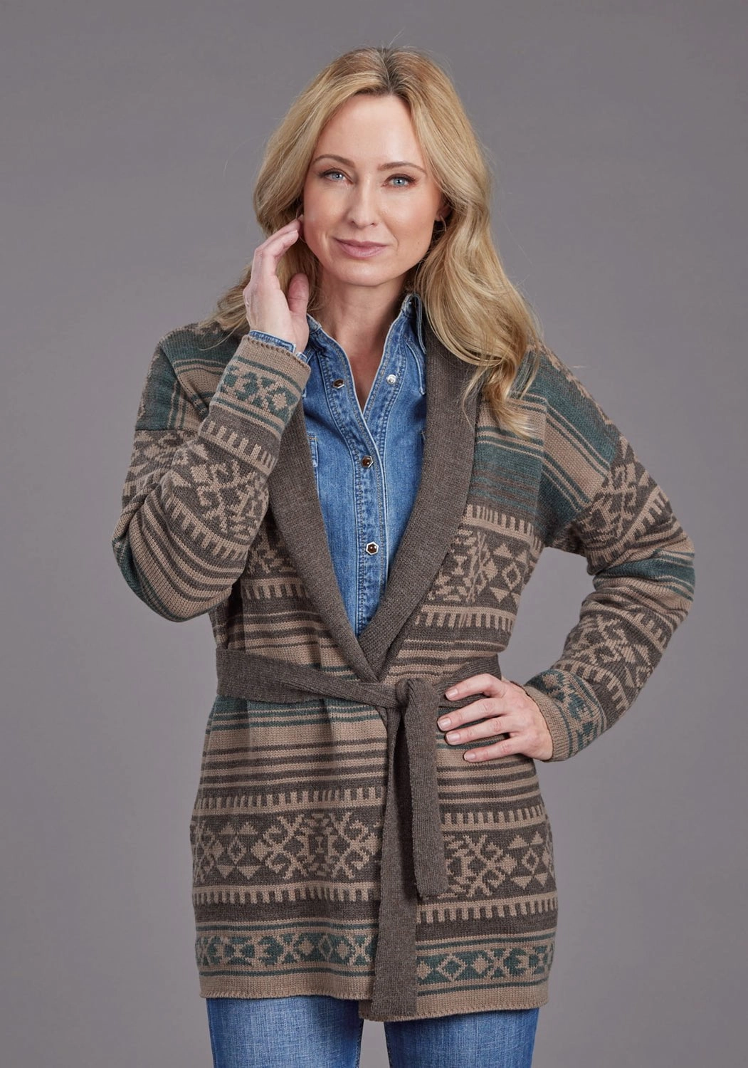 Statement Outerwear Stetson Womens Belted Serape Brown Wool Blend Cardigan Sweater