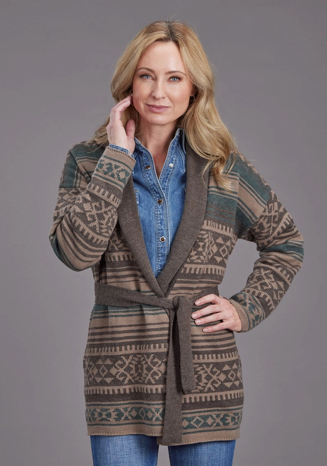 Stetson Womens Belted Serape Brown Wool Blend Cardigan Sweater Minimal Detail