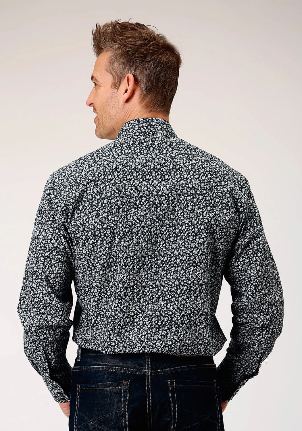 Roper Mens Floral Print Black/White Cotton Blend L/S Shirt Sustainable Material