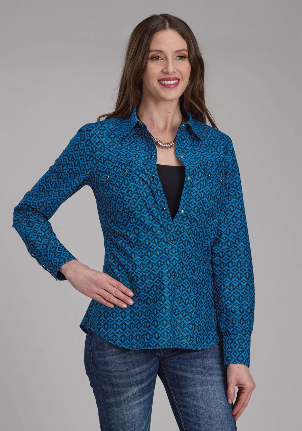 Roper Womens 2181 Aztec Tile Blue 100% Cotton L/S Shirt On-The-Go Style high-low hem