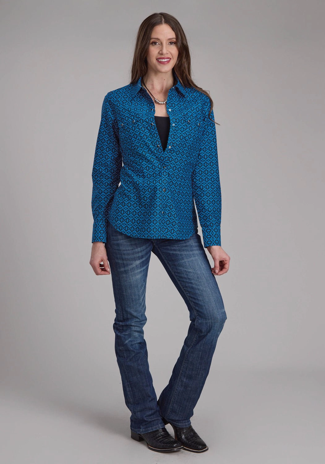 Roper Womens 2181 Aztec Tile Blue 100% Cotton L/S Shirt Polished Style