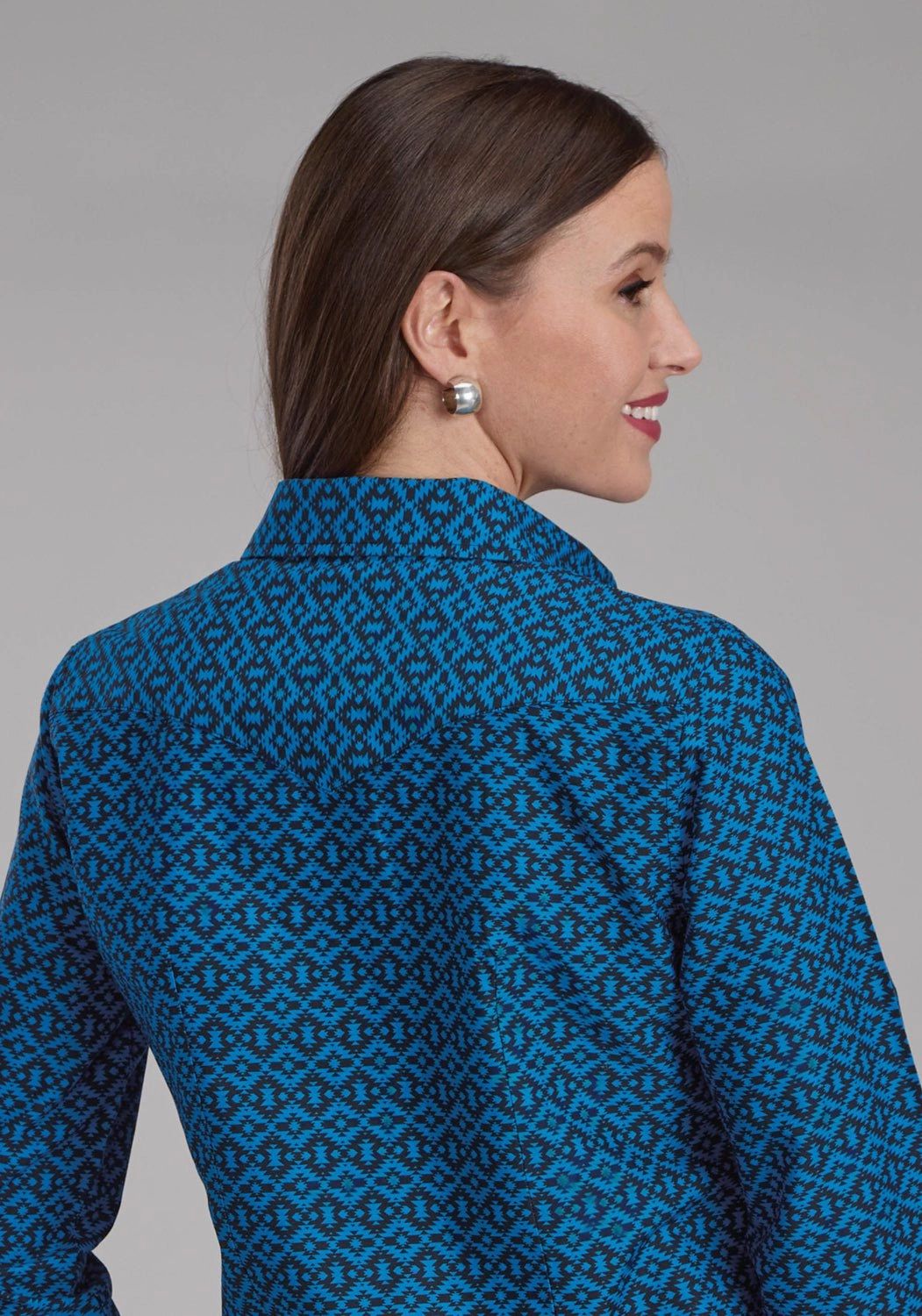 Anti Pilling Treatment Roper Womens 2181 Aztec Tile Blue 100% Cotton L/S Shirt