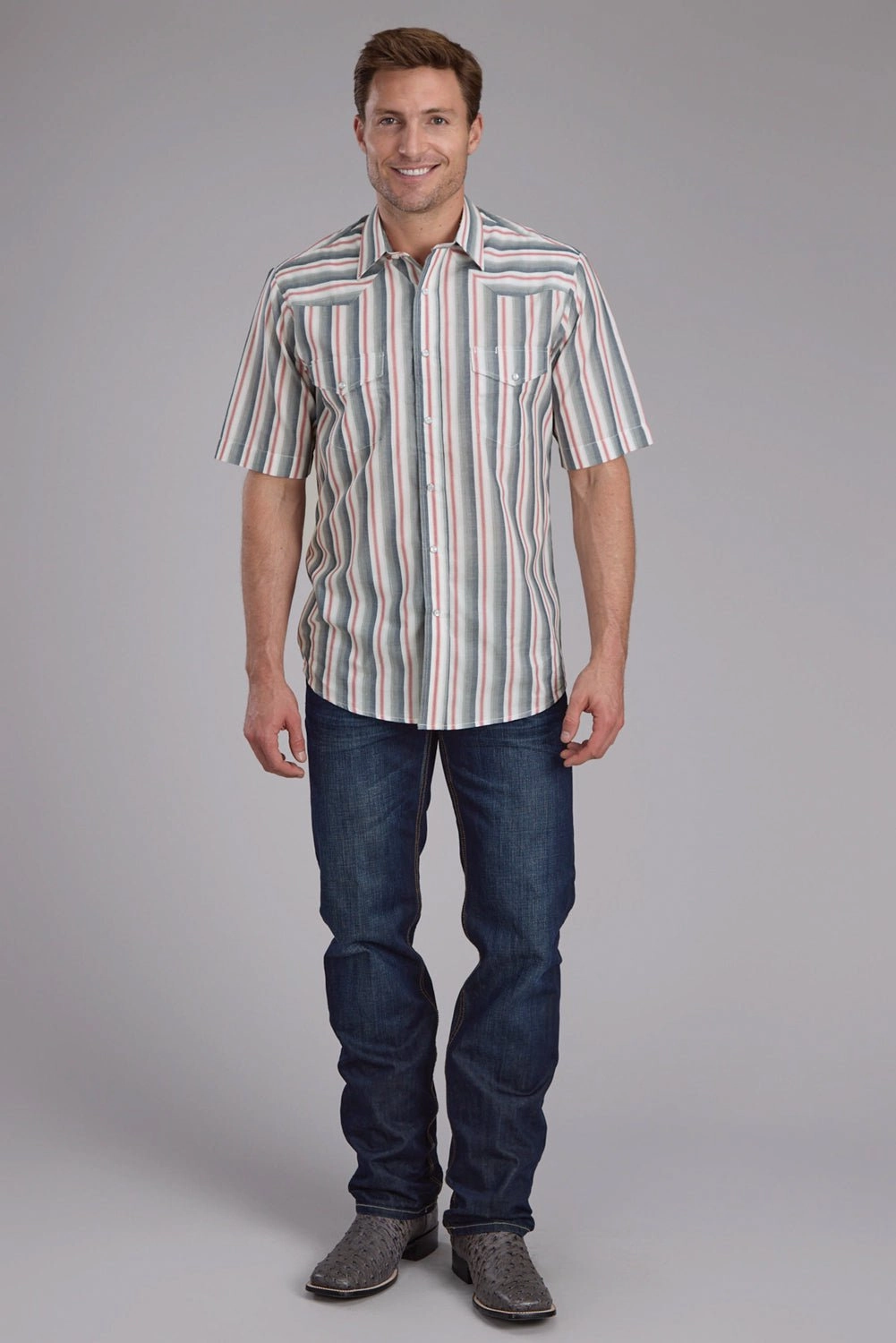 bohemian flair Work Appropriate Roper Mens 2403 Ombre Stripe Navy/White Cotton Blend S/S Shirt