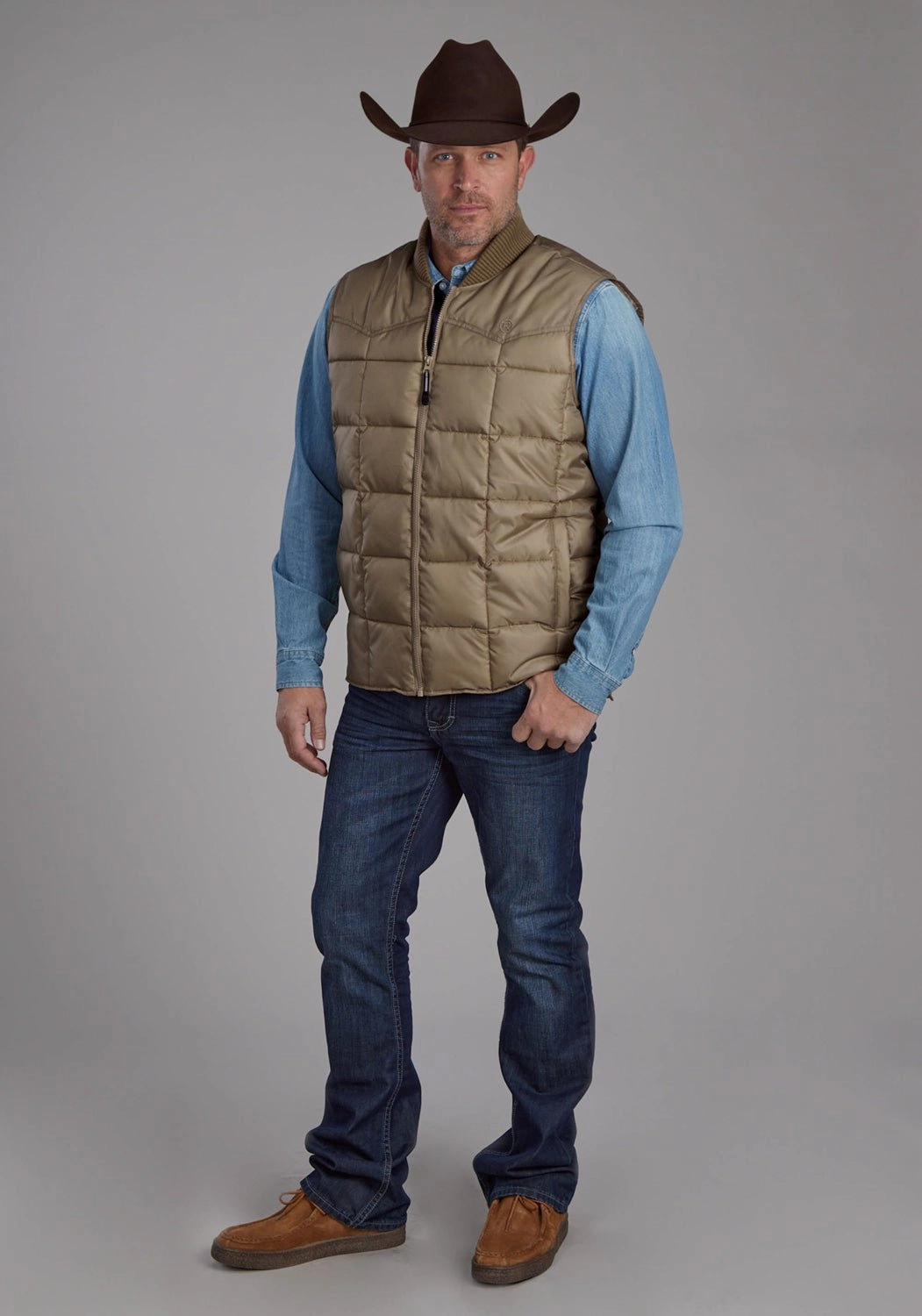 Roper Mens Insulated Western Khaki 100% Polyester Softshell Vest High Visibility Trim Seamless Welded Construction