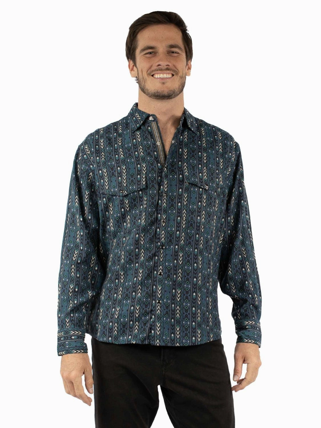 Scully Mens Weaved Aztec Stripe Blue 100% Cotton L/S Shirt Lightweight Layers Stretchable Material