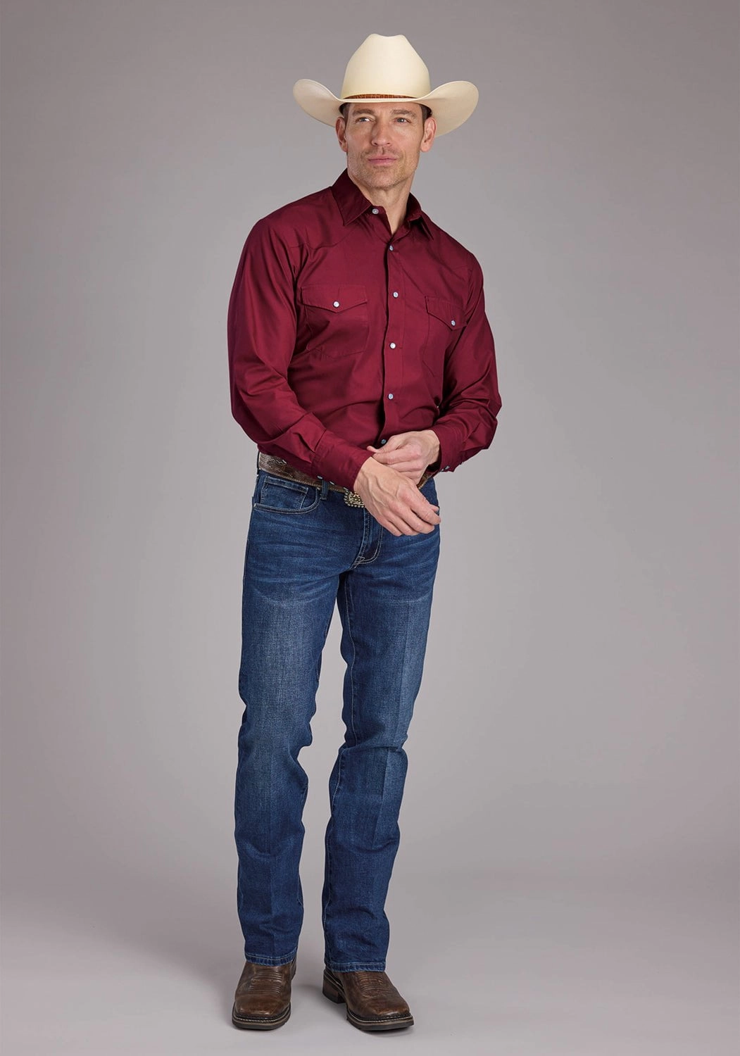 Roper Mens 2445 Solid Broadcloth Berry Cotton Blend L/S Shirt Coastal Vibes