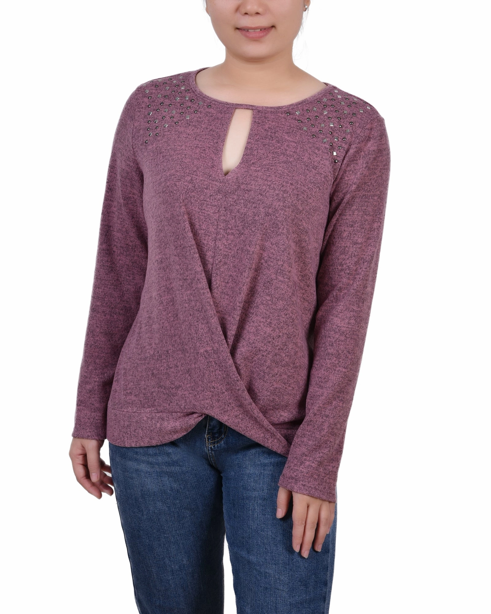 Comfortable Collar Petite Long Sleeve Knit Keyhole Top With Studs