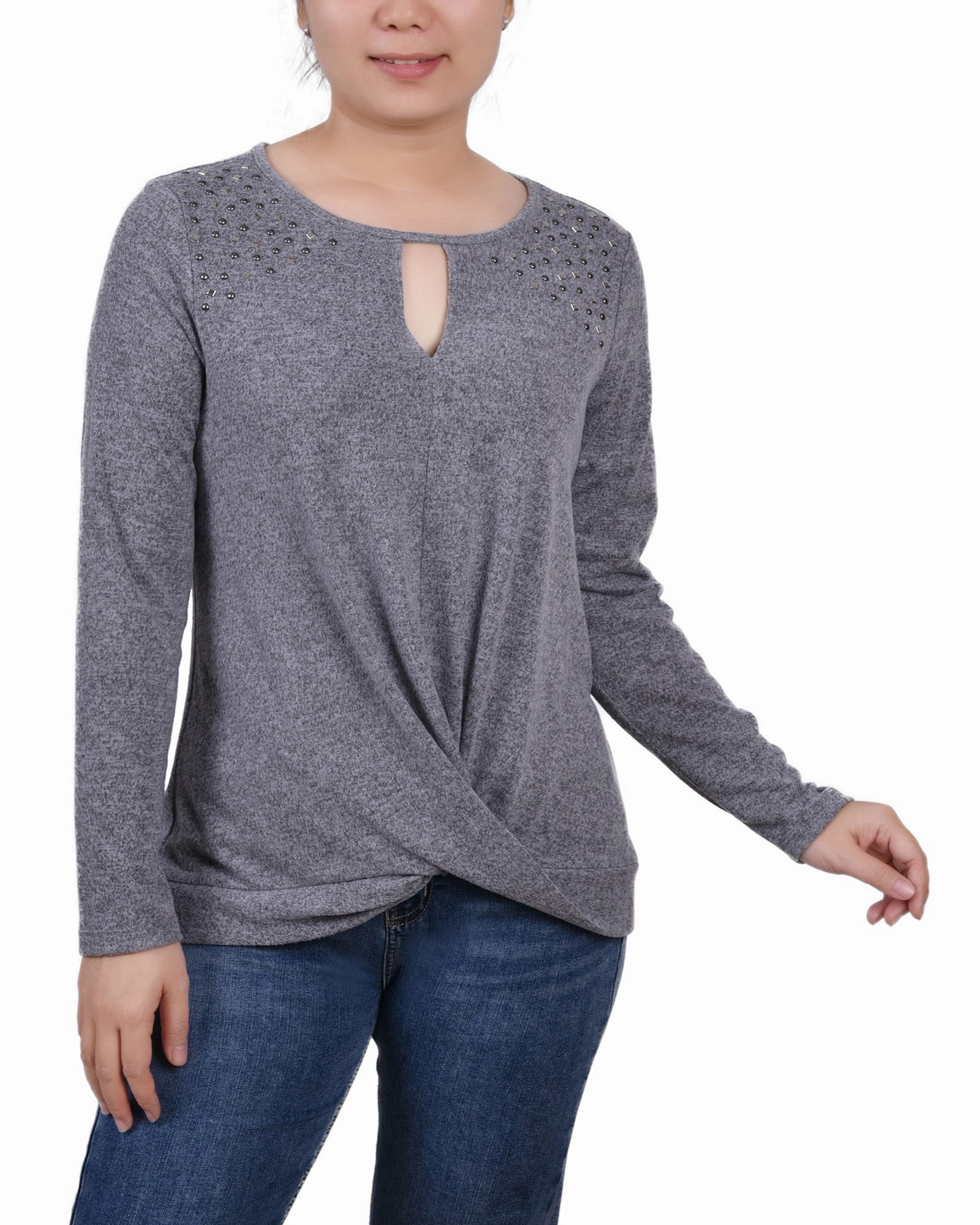 Petite Long Sleeve Knit Keyhole Top With Studs CrossGrain Fabric
