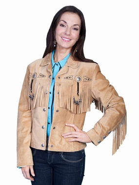 Scully Leather Womens Beaded Fringe Conchos Boar Suede Jacket Old Rust 2X Taped Seam Waterproofing