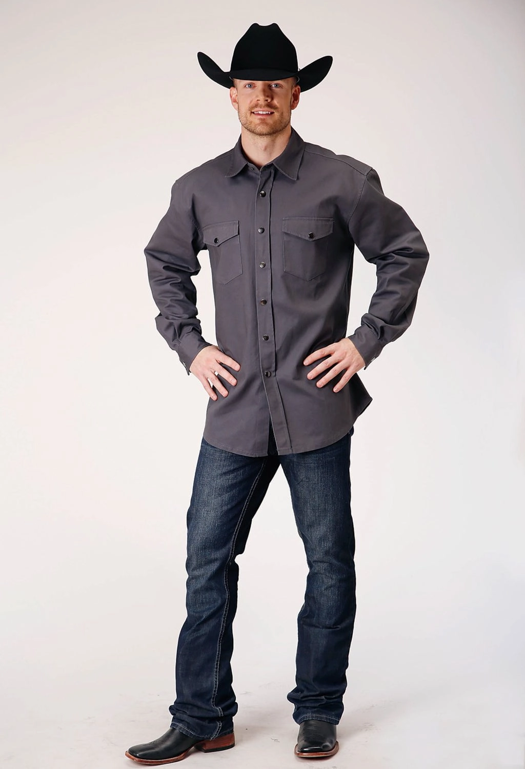 Compact Packing Roper Mens Brush Twill Charcoal 100% Cotton L/S Shirt