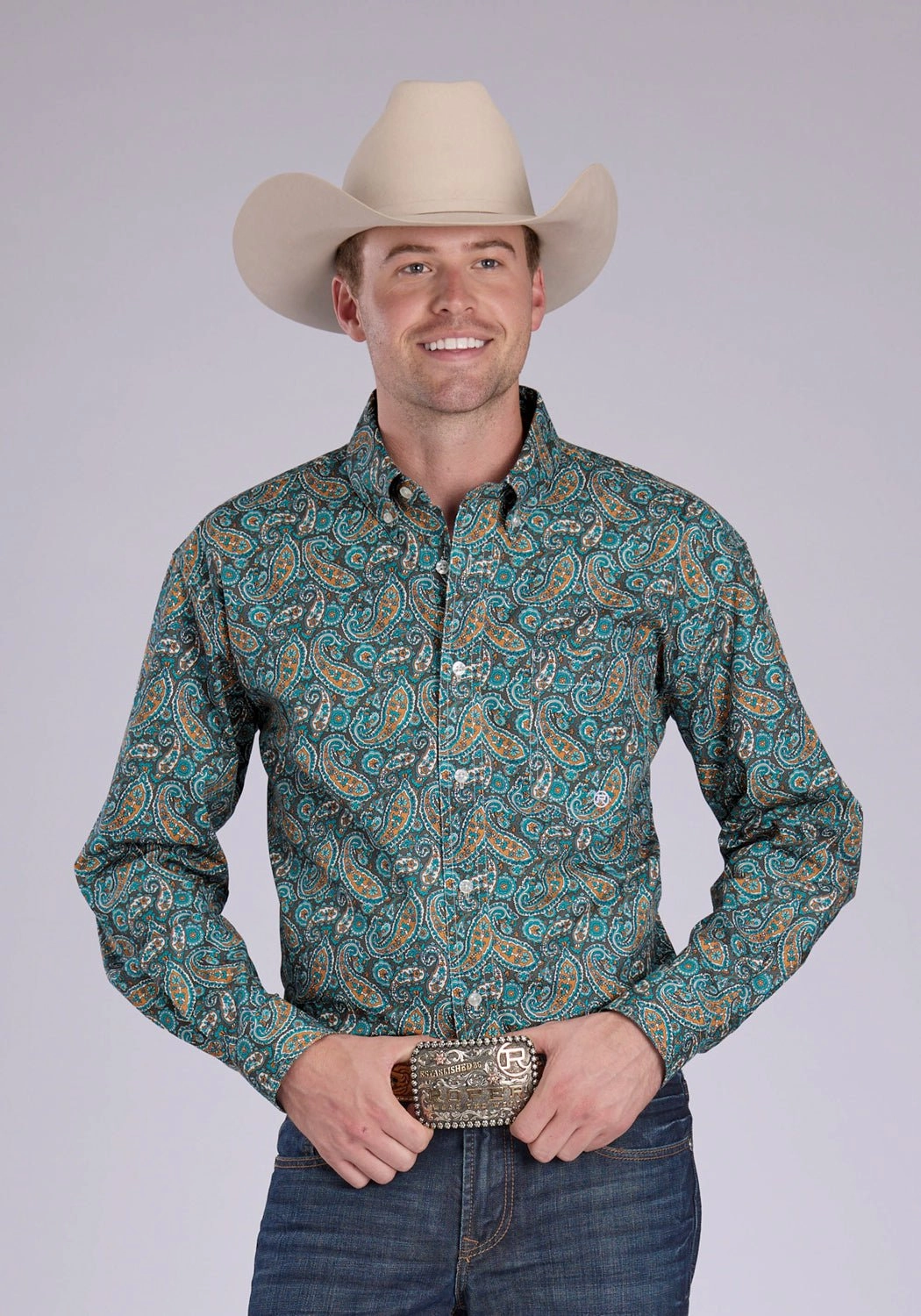 Roper Mens 2382 Dusk Paisley Turquoise 100% Cotton 1 Pkt L/S Shirt UV Protective Fabric