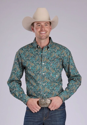 Roper Mens 2382 Dusk Paisley Turquoise 100% Cotton 1 Pkt L/S Shirt UV Protective Fabric