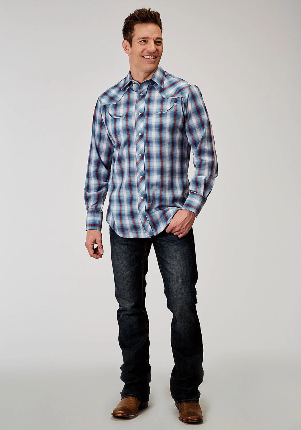 Modern Appeal Low Profile Pocket Design Roper Mens Americana Plaid Bull Grey Cotton Blend L/S Shirt