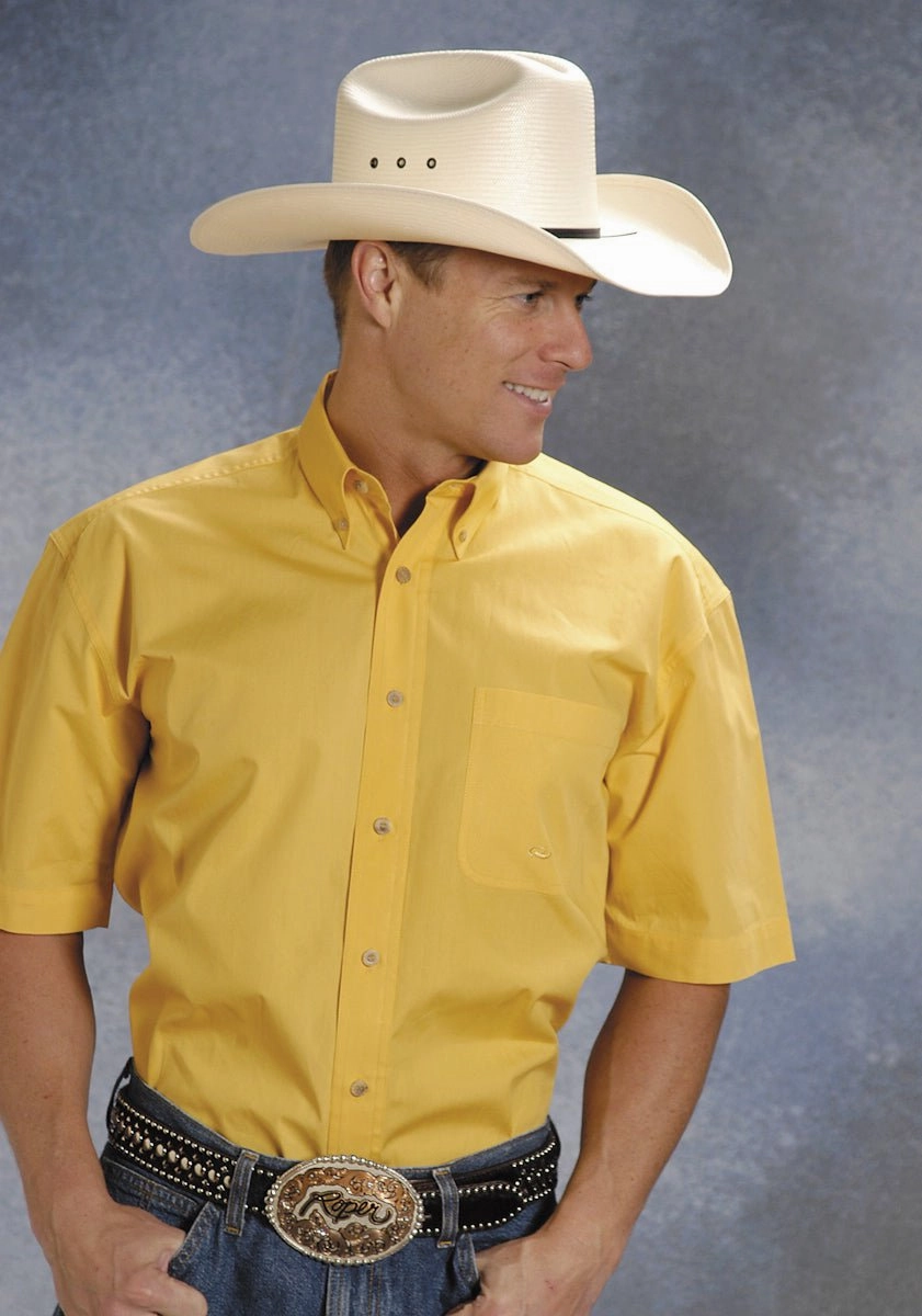 Day-To-Night Wear Roper Mens Yellow 100% Cotton S/S 1 Pkt Button Down Poplin Western Shirt