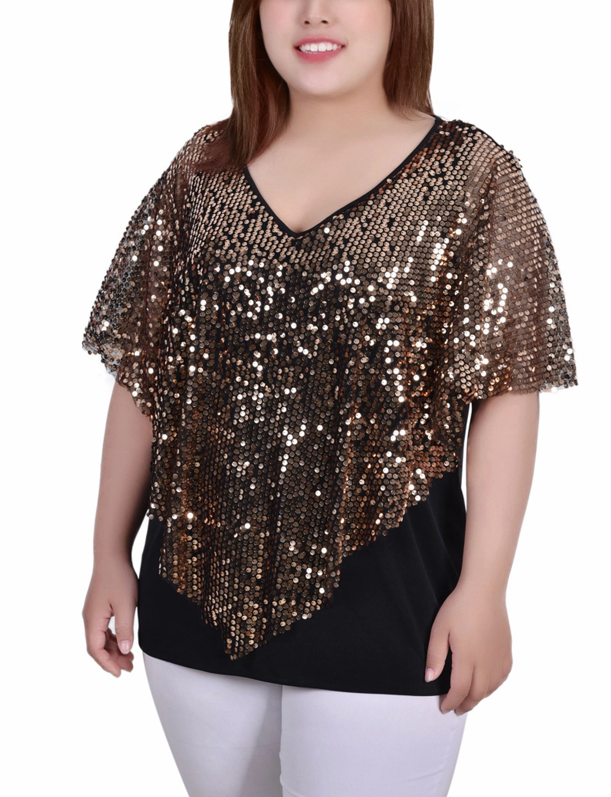 Flexible Hemline Plus Size Sequin-Front Poncho
