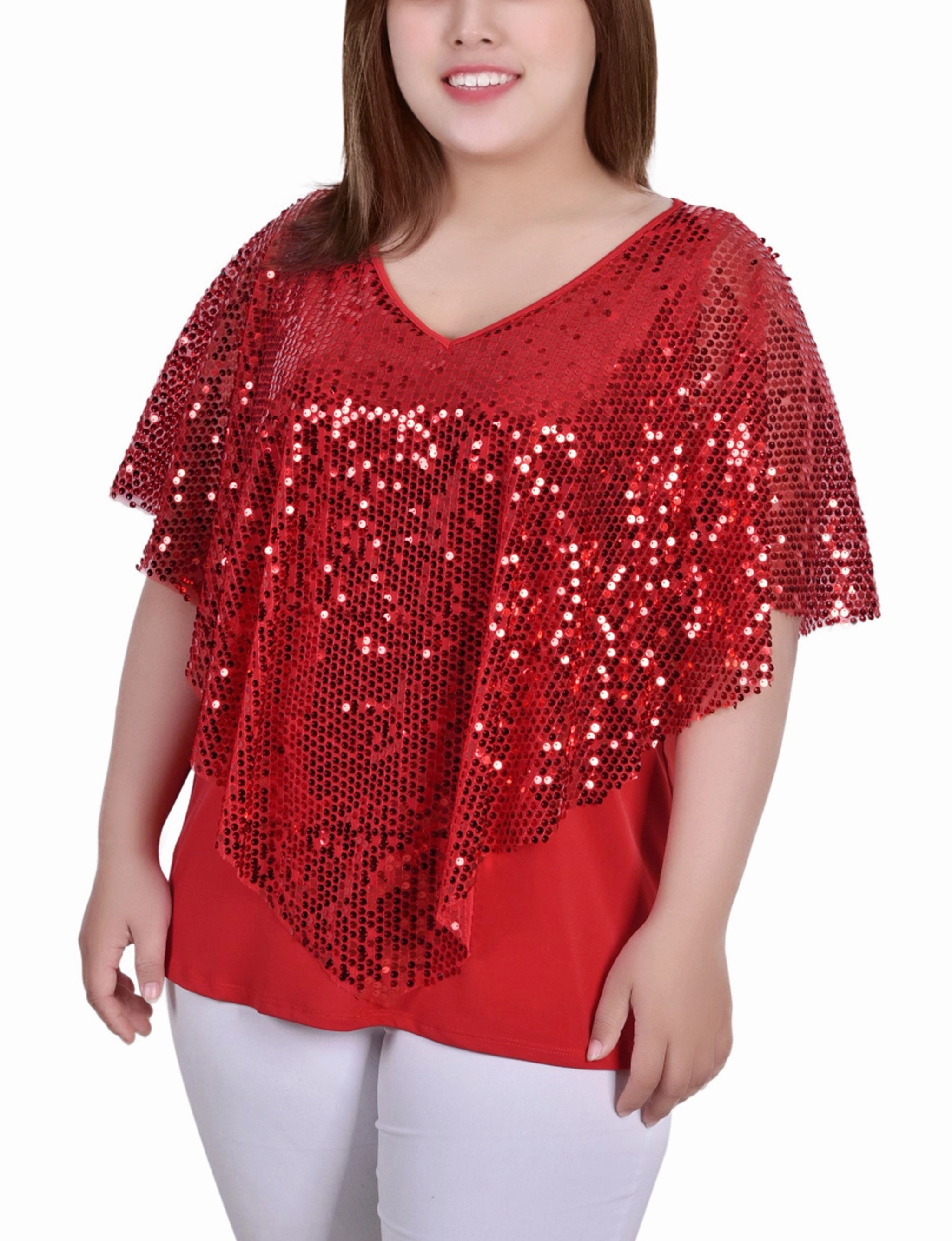 Plus Size Sequin-Front Poncho BondedShoulderTaping Athletic Look