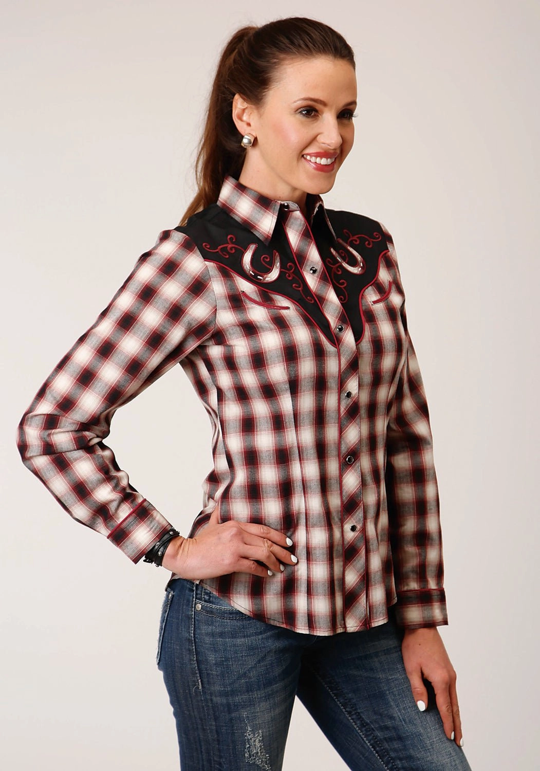 Fashion-Forward Roper Womens Fancy Plaid Wine Cotton Blend L/S Shirt
