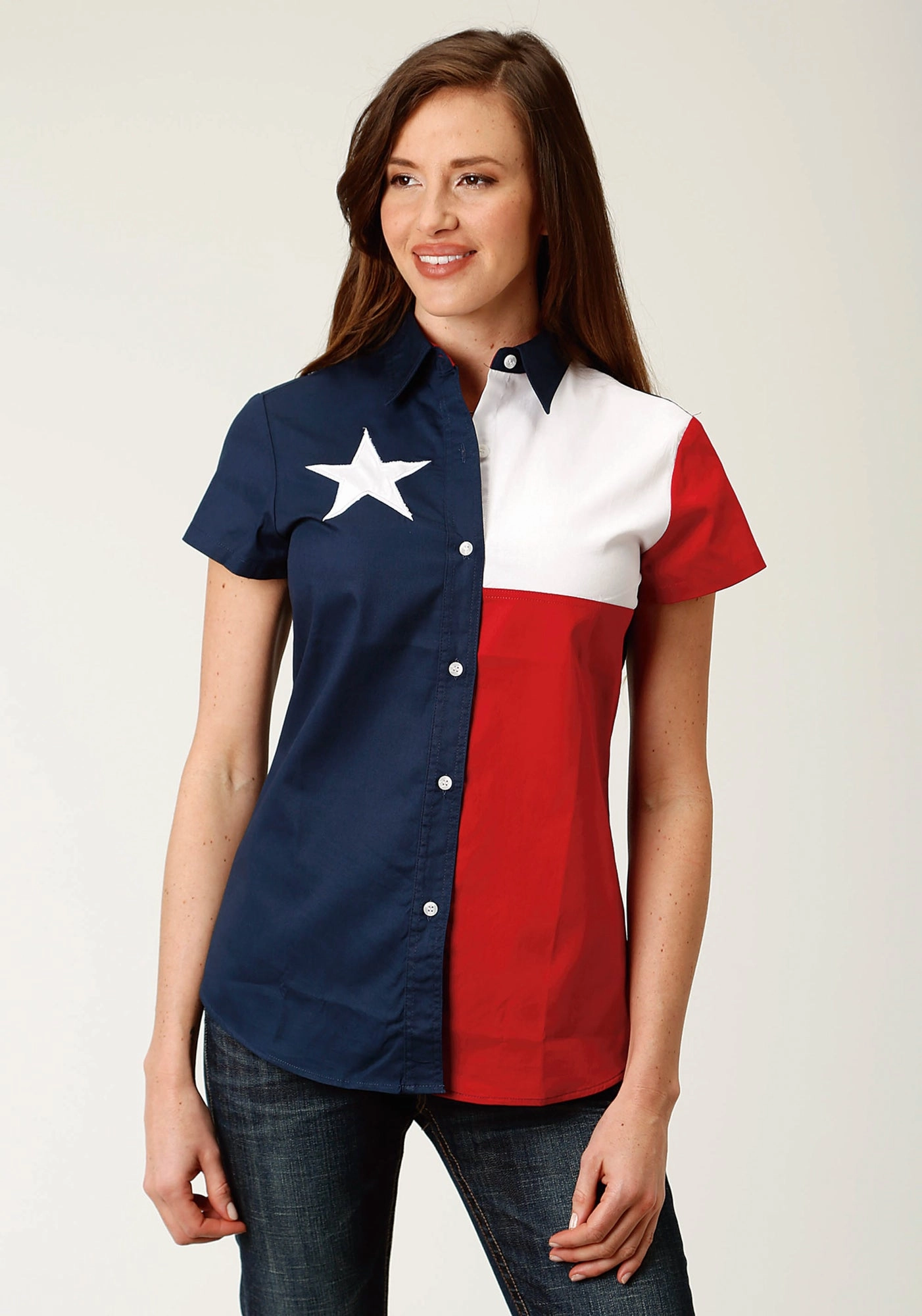 Roper Womens Red/Blue 100% Cotton Texas Flag BD S/S Shirt Smart Look Smooth Seam Finish