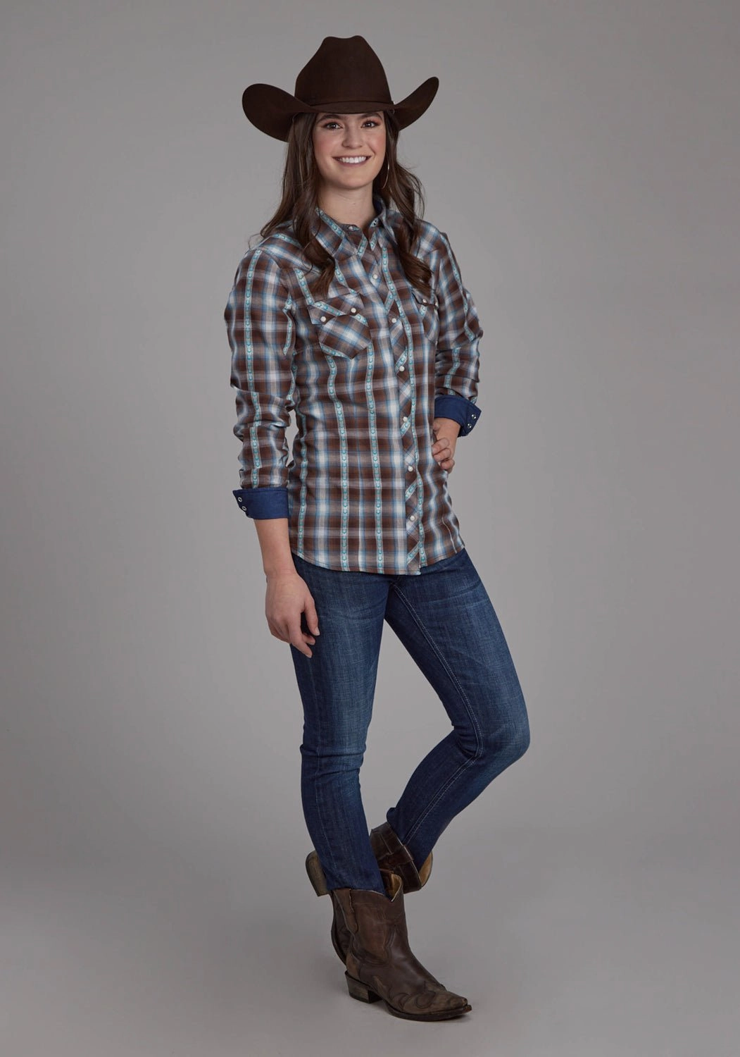 Roper Womens 2169 Horseshoe Dobby Brown 100% Cotton L/S Shirt Pocket Detailing Reinforced Collar