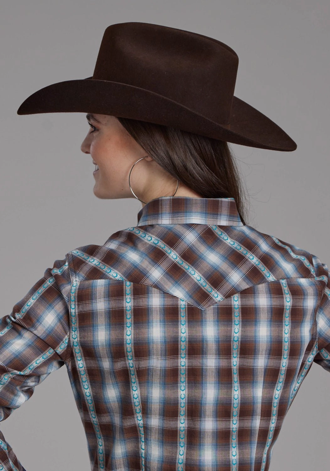 Roper Womens 2169 Horseshoe Dobby Brown 100% Cotton L/S Shirt Luxurious Feel