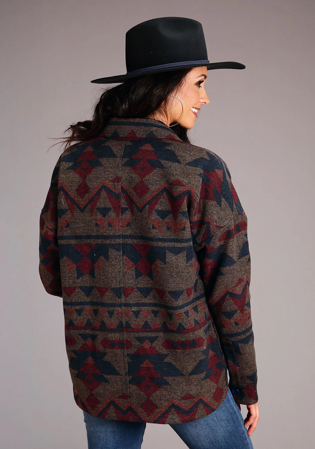 Stetson Womens Navy Multi Wool Blend Aztec Button Jacket High Visibility Trim Compression Panels