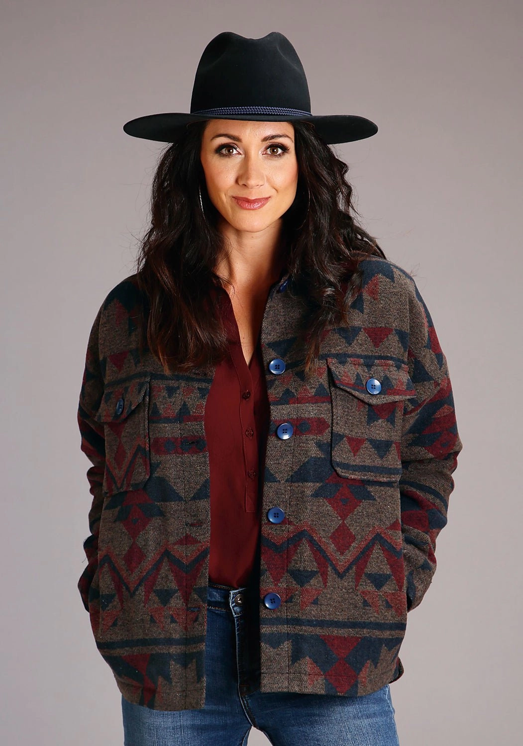 Clean Edge Piece Stetson Womens Navy Multi Wool Blend Aztec Button Jacket