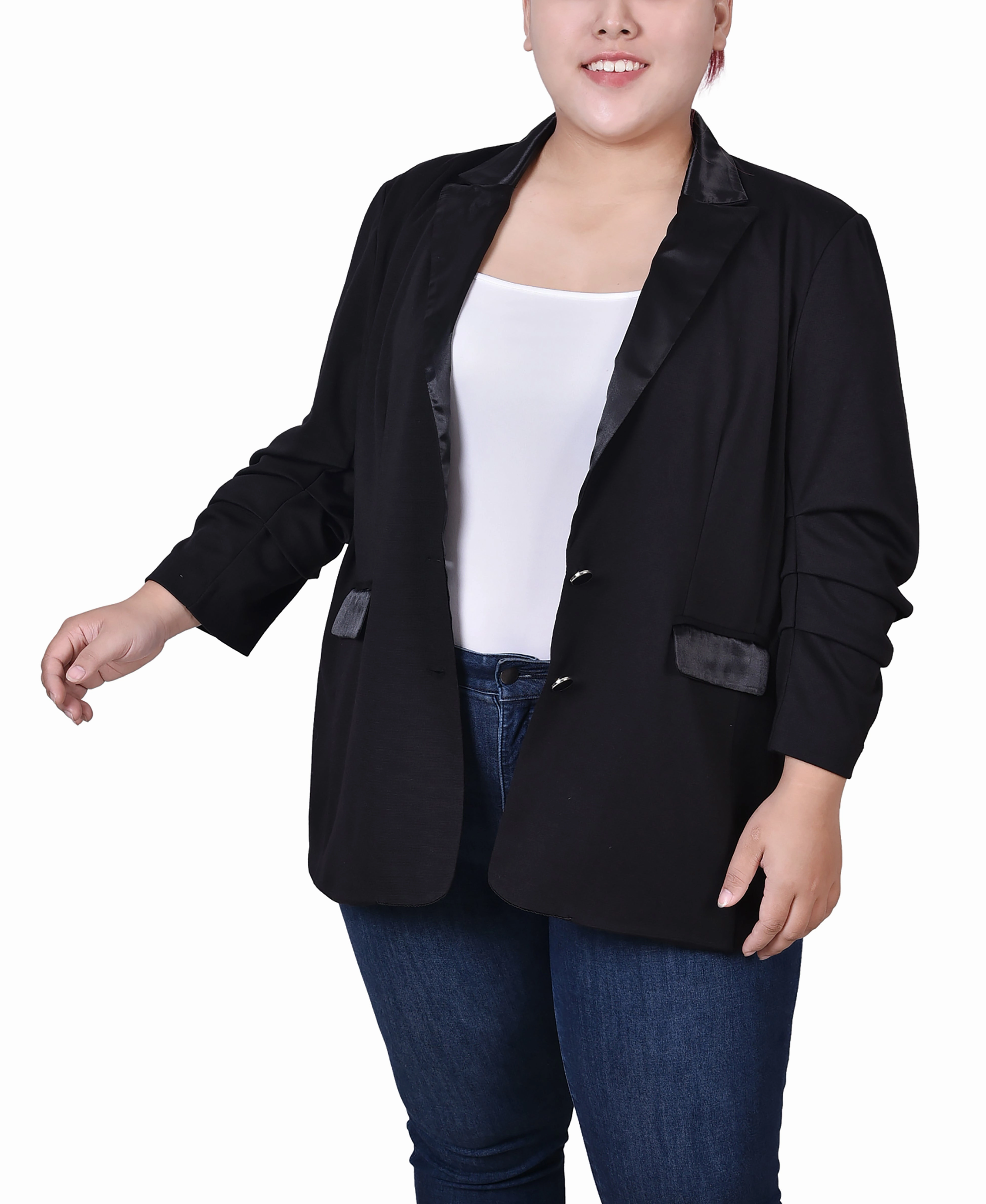 UPF Protective Fabric ReflectiveTrims Plus Size Satin Lapel Scuba Crepe Jacket